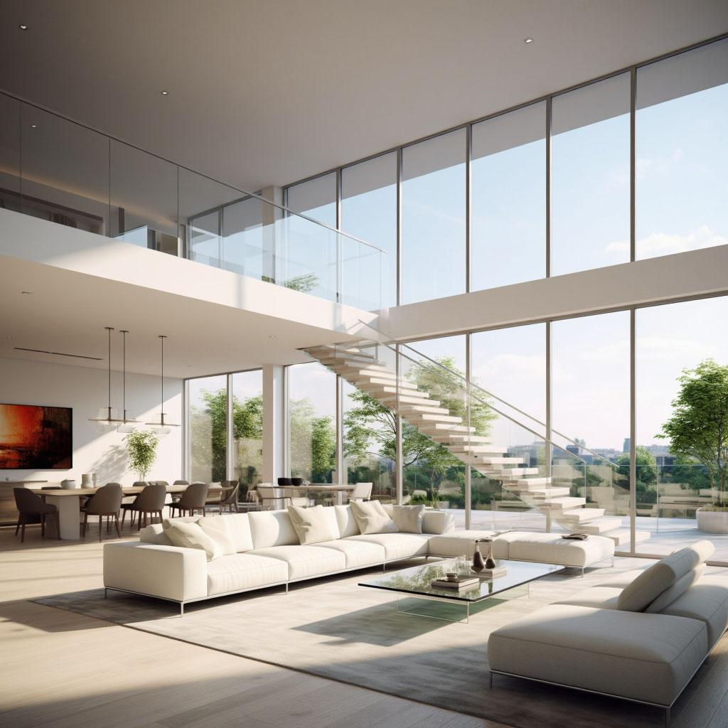 Светлая гостиная с панорамными стеклянными стенами и лестницей