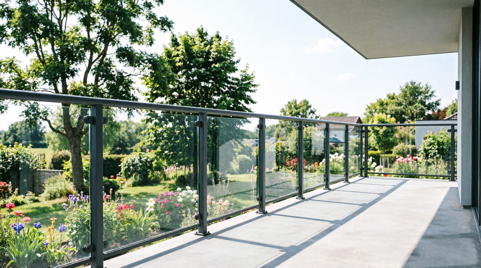 стеклянное ограждение балкона на металлокаркасе из стали с порошковым покрытием, высотное здание