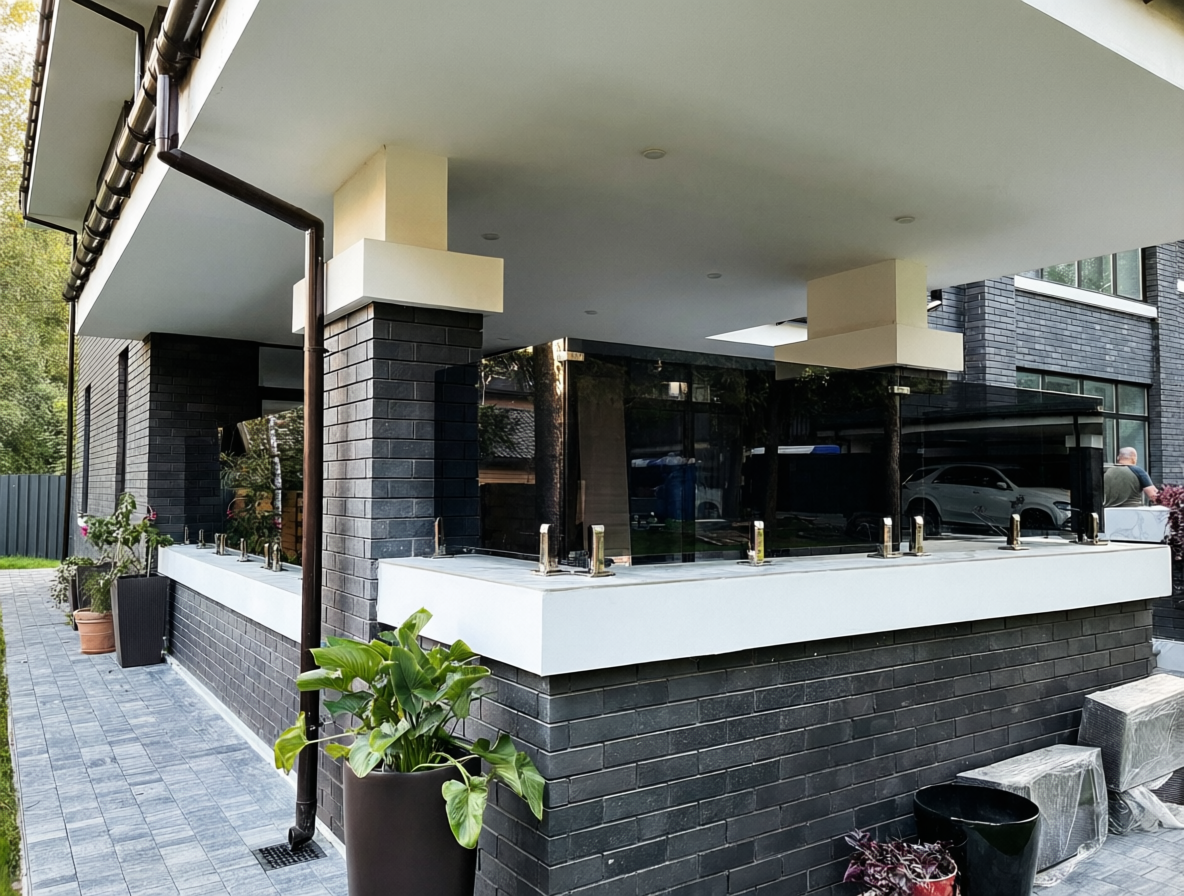 стеклянное ограждение балкона на низких металлических стойках из нержавеющей стали