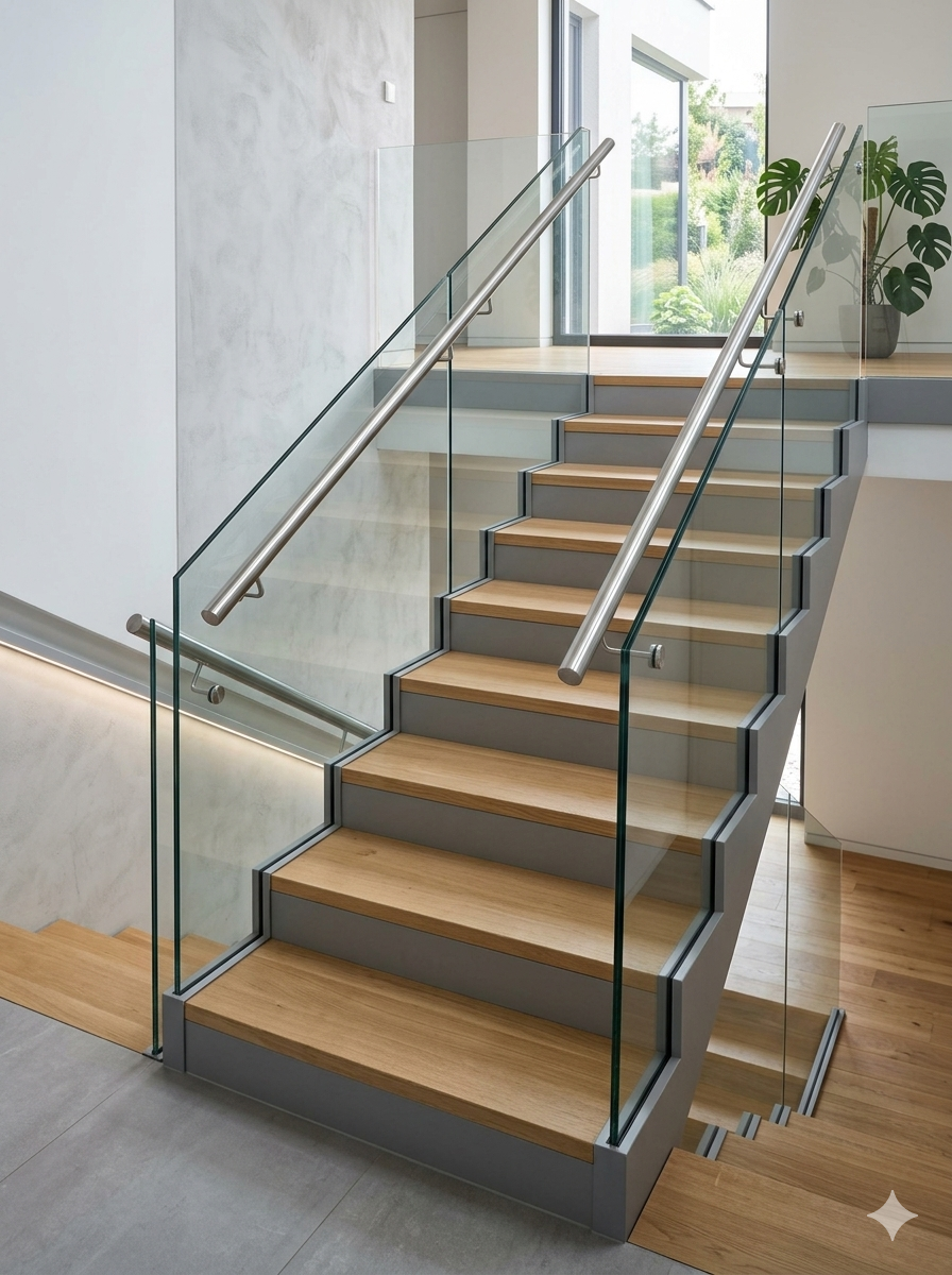 лестница со стеклянным ограждением со скрытым крепежом, стекло уходит в пол, современный интерьер частного дома