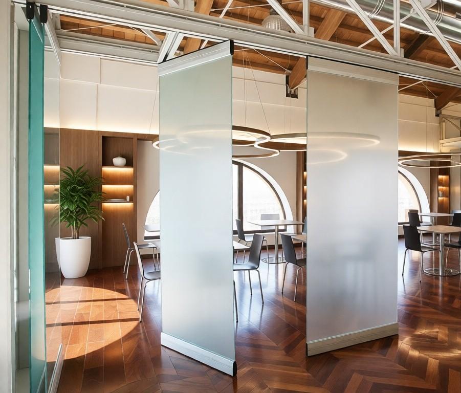 трансформируемая безрамная стеклянная перегородка в столовой
