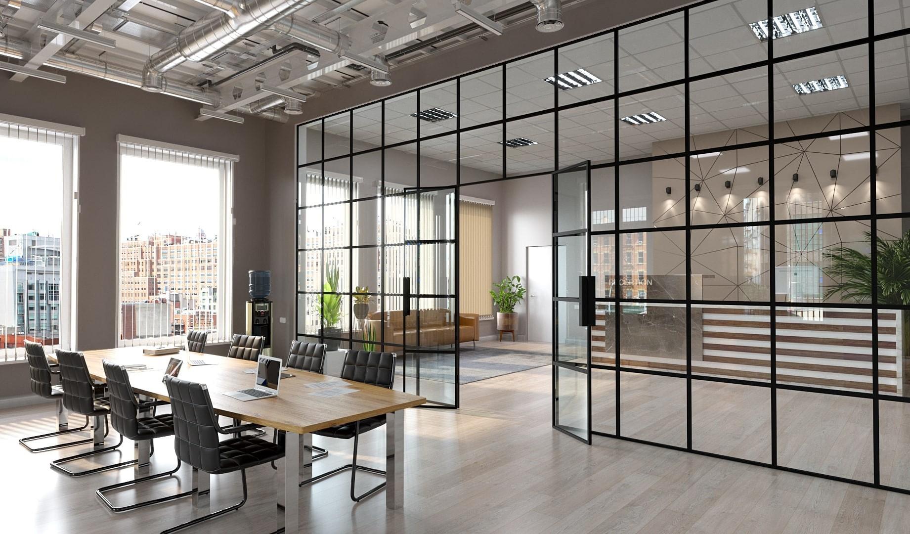 каркасные стеклянные перегородки в современном офисе, алюминиевый профиль