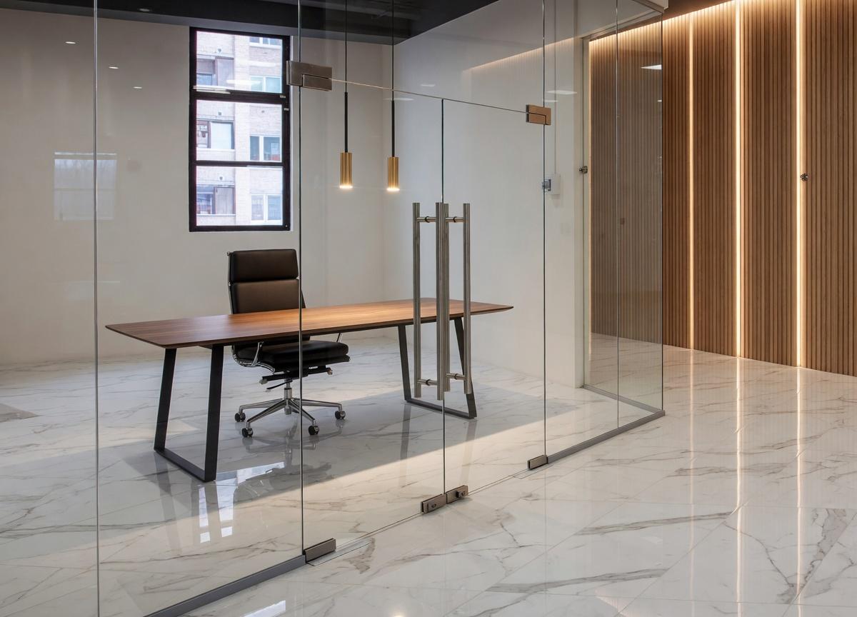 каркасные стеклянные перегородки в современном офисе, алюминиевый профиль