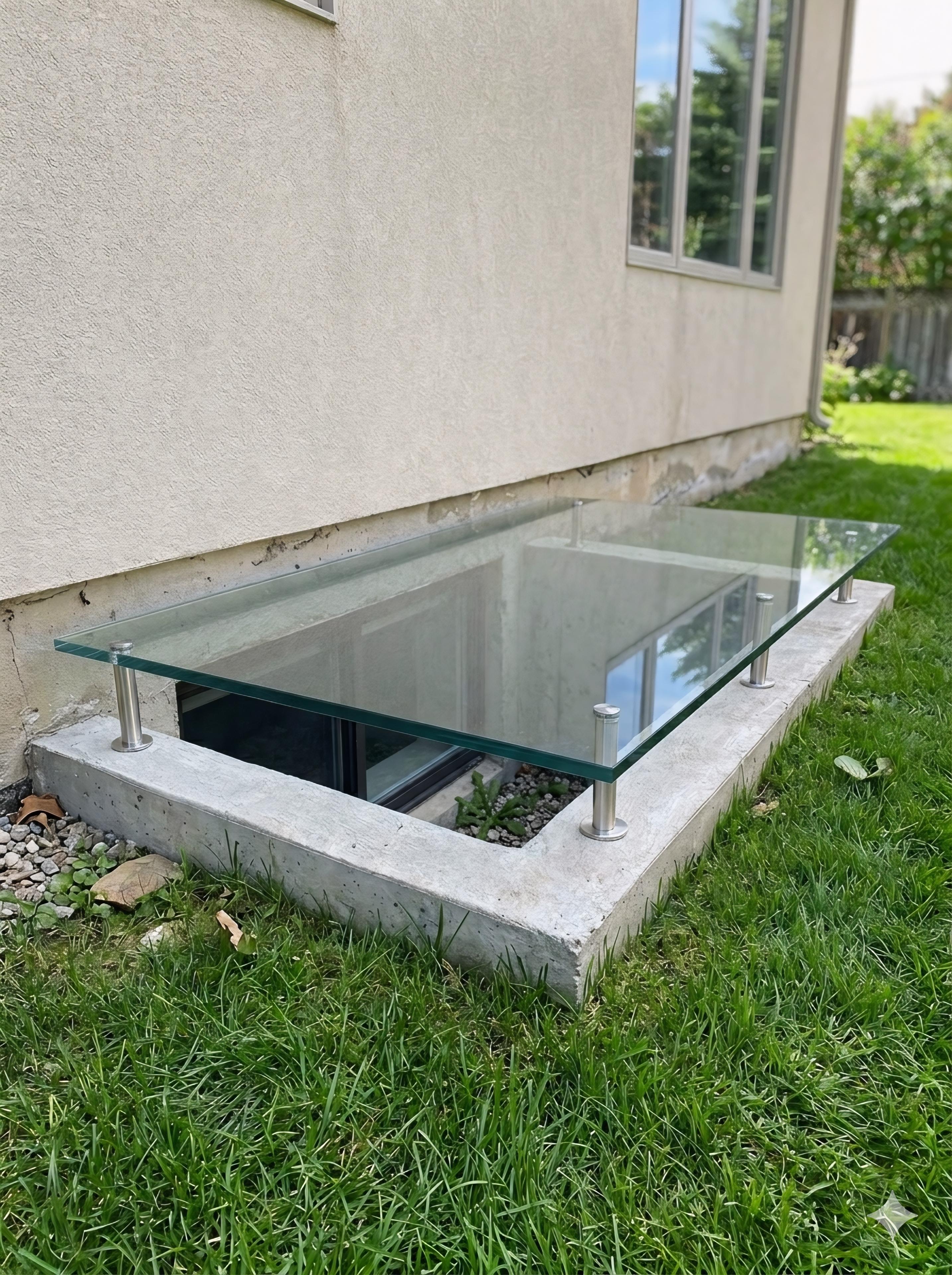 Остекление приямка на дистанционных крепежах, опора на дно приямка