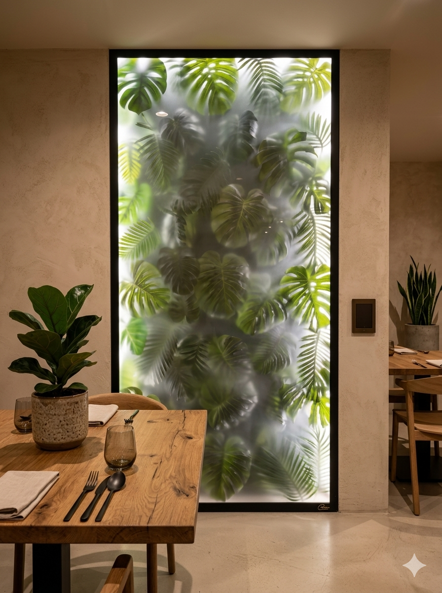 световое панно лайтбокс с листьями монстеры и теплой LED подсветкой в ресторане