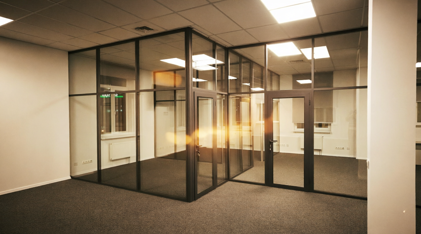 каркасные стеклянные перегородки в современном офисе, алюминиевый профиль