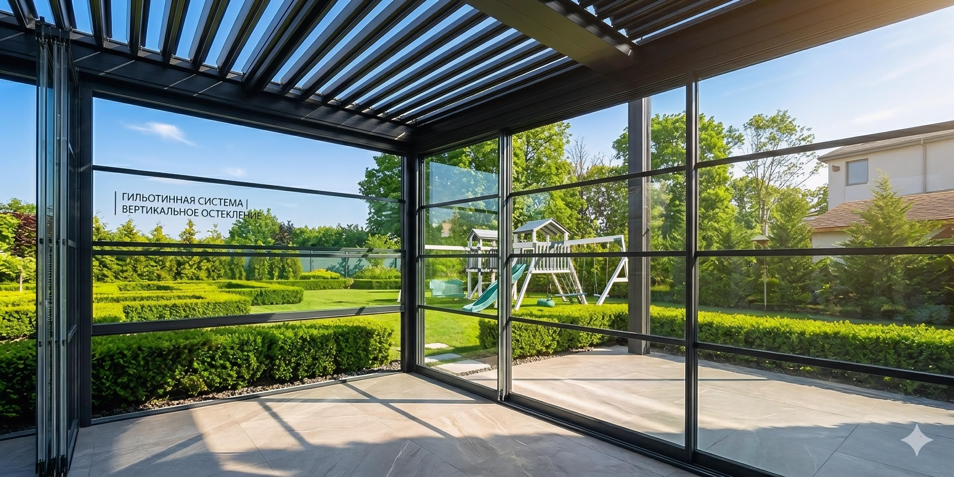 гильотинное вертикально-подъемное остекление беседки