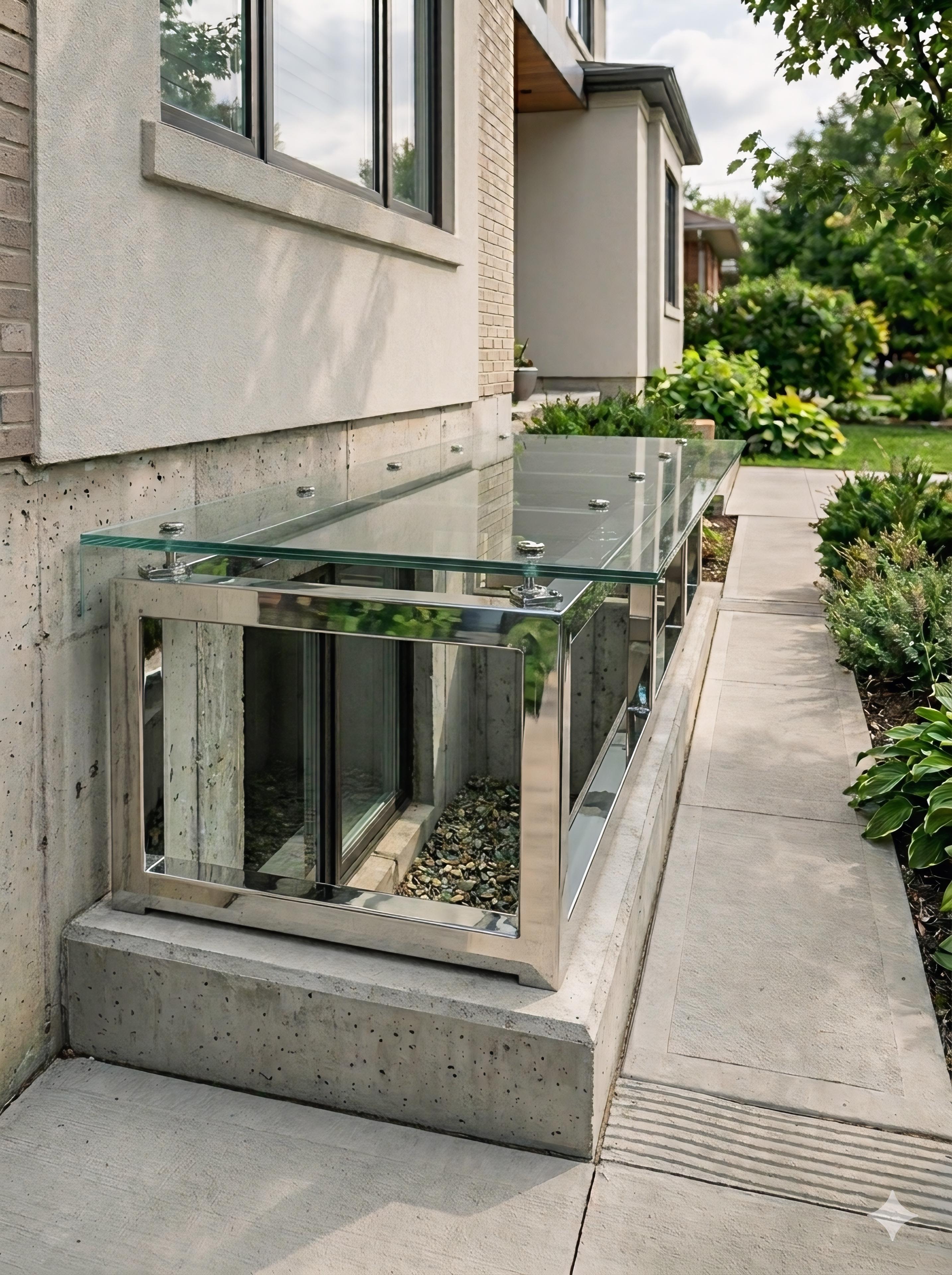 остекление приямка на металлокаркасе из нержавеющей стали