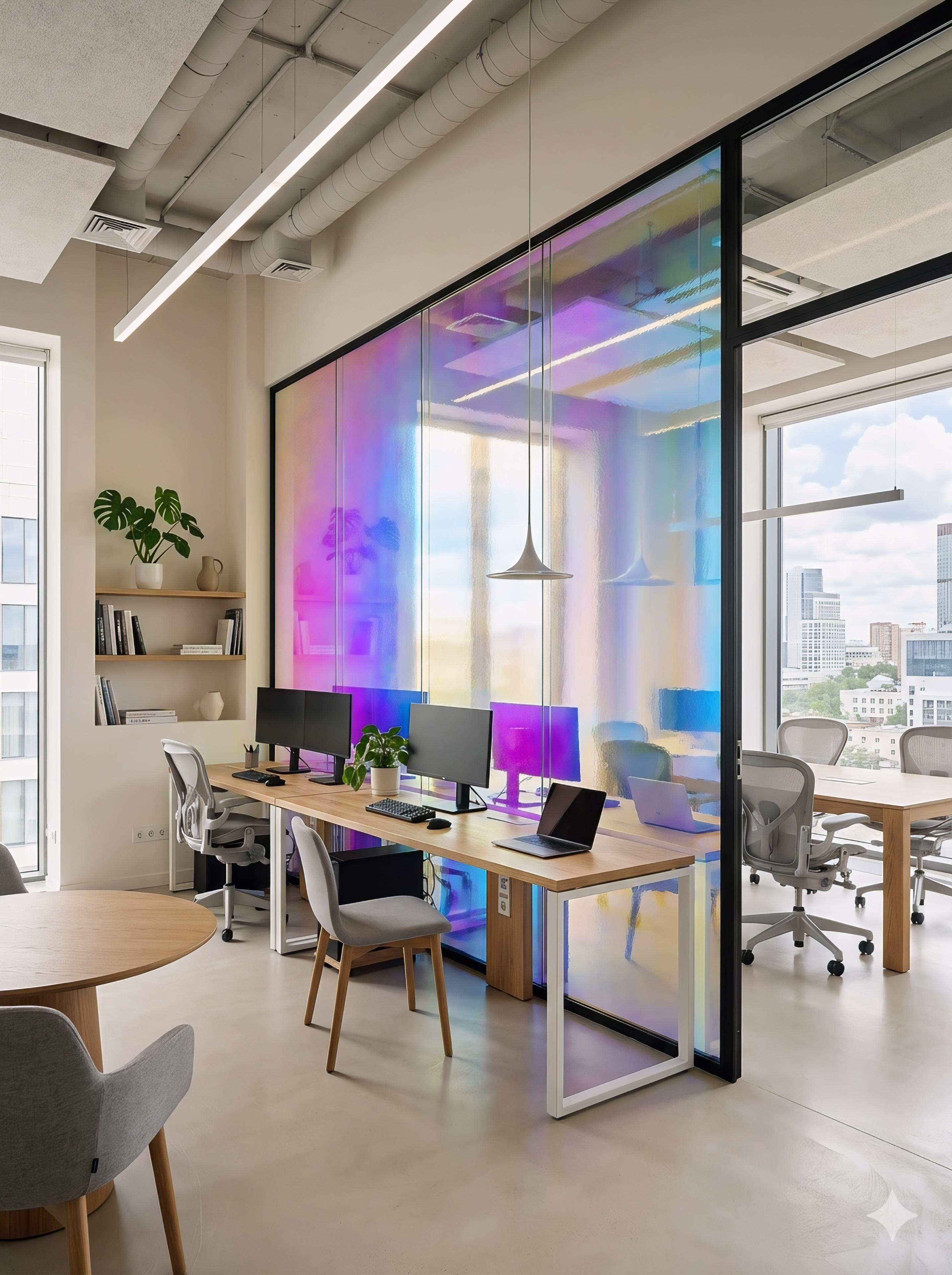 дихроичное стекло с радужными переливами, перегородка