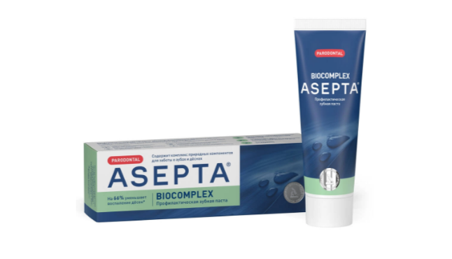 Тюбик и упаковка зубной пасты ASEPTA PARODONTAL BIOCOMPLEX