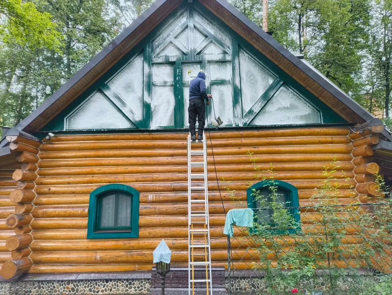 мойка фасада банного домика профессиональными средствами