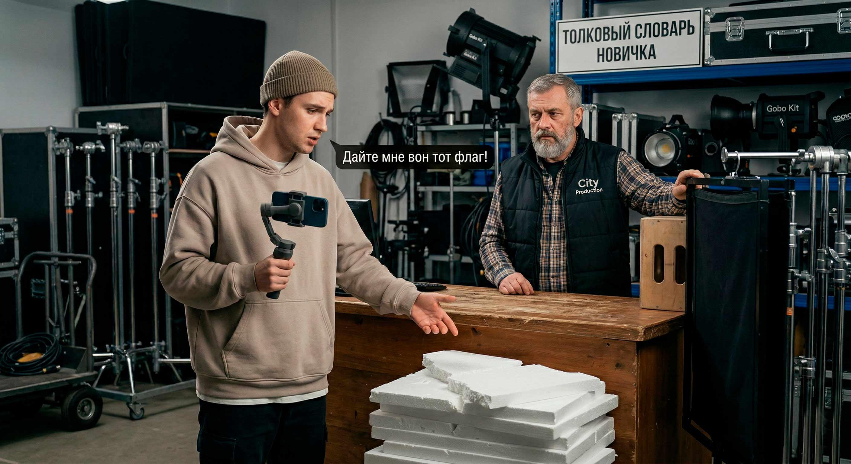 Сравнение куска пенопласта и профессионального флага для отсечения света на съемочной площадке в рентале City Production.