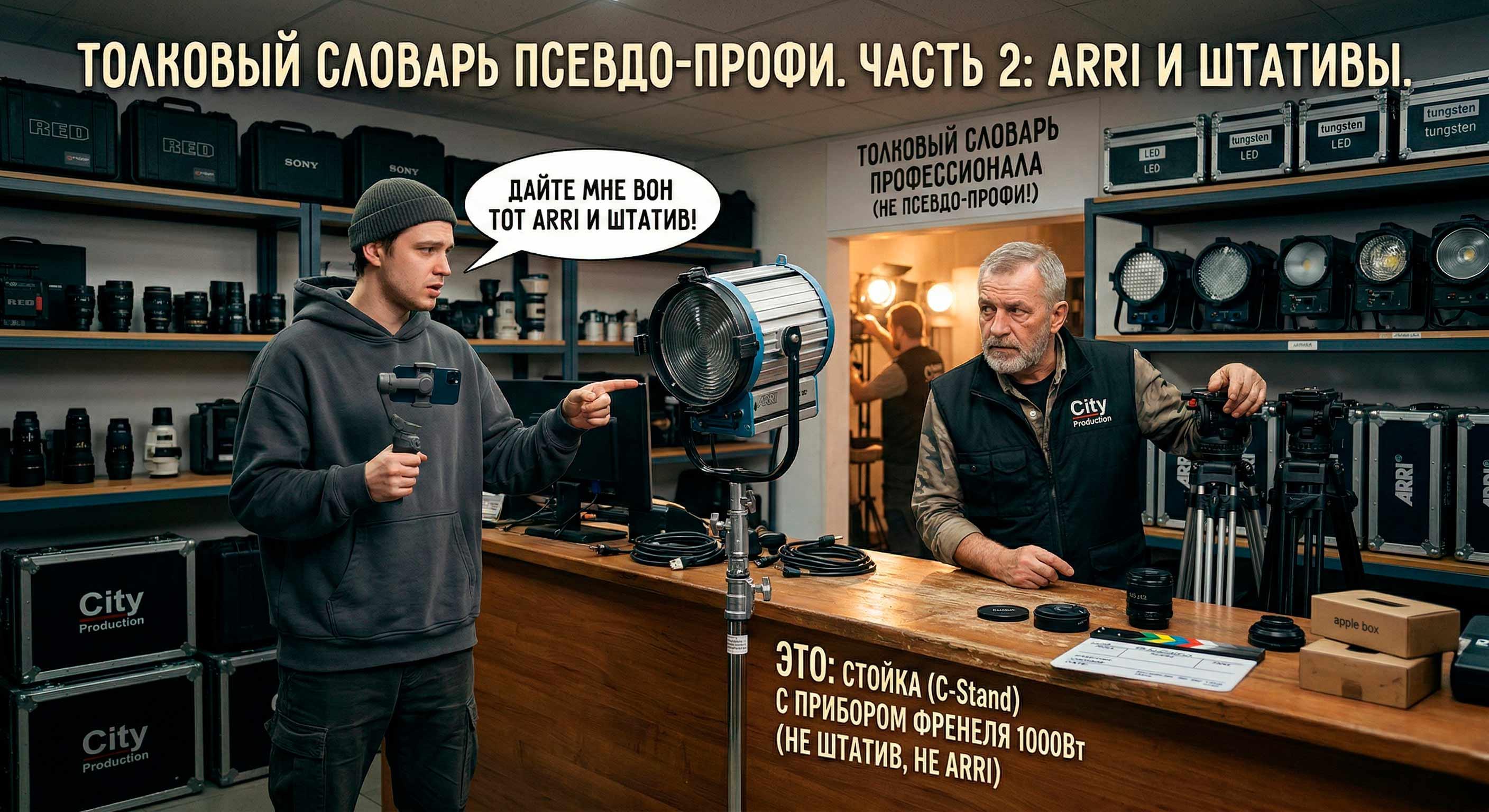 Ироничное изображение в рентале City Production, показывающее неправильное использование штатива для крепления галогенной лампы, которую ошибочно называют ARRI. Бирки: ЭТО: ШТАТИВ, НЕ СТОЙКА! и НЕ ARRI, ГАЛОГЕН! Администратор рентала смотрит на это с выражением глубокой усталости.