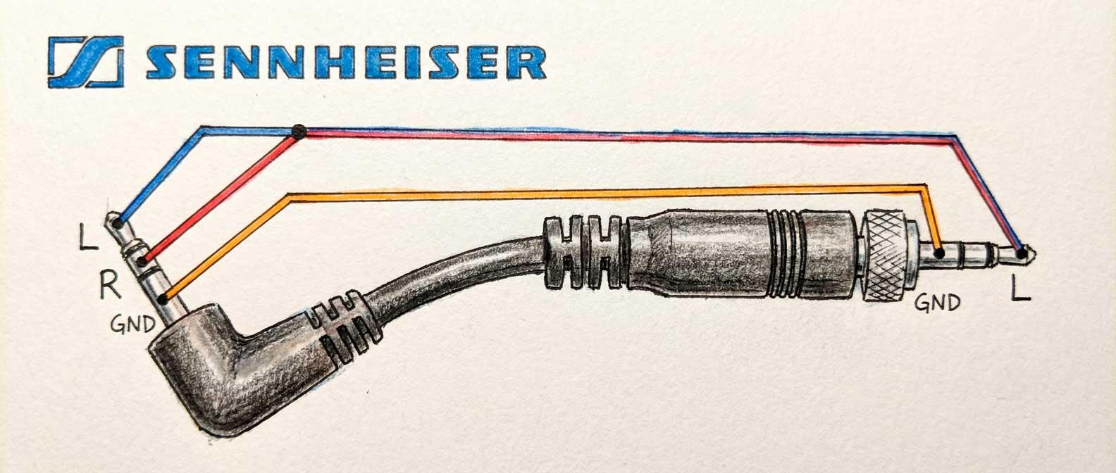 Схема распайки кабеля Sennheiser Jack 3.5 на Jack 3.5. Показана перемычка между левым и правым каналом для подключения к камере.