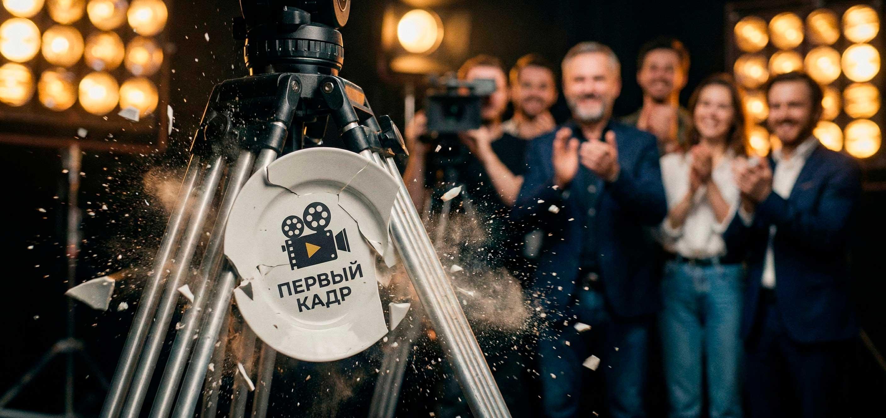 Ритуал разбития тарелки на киносъемках. Команда продакшна, режиссер, оператор, актеры после первого дубля.