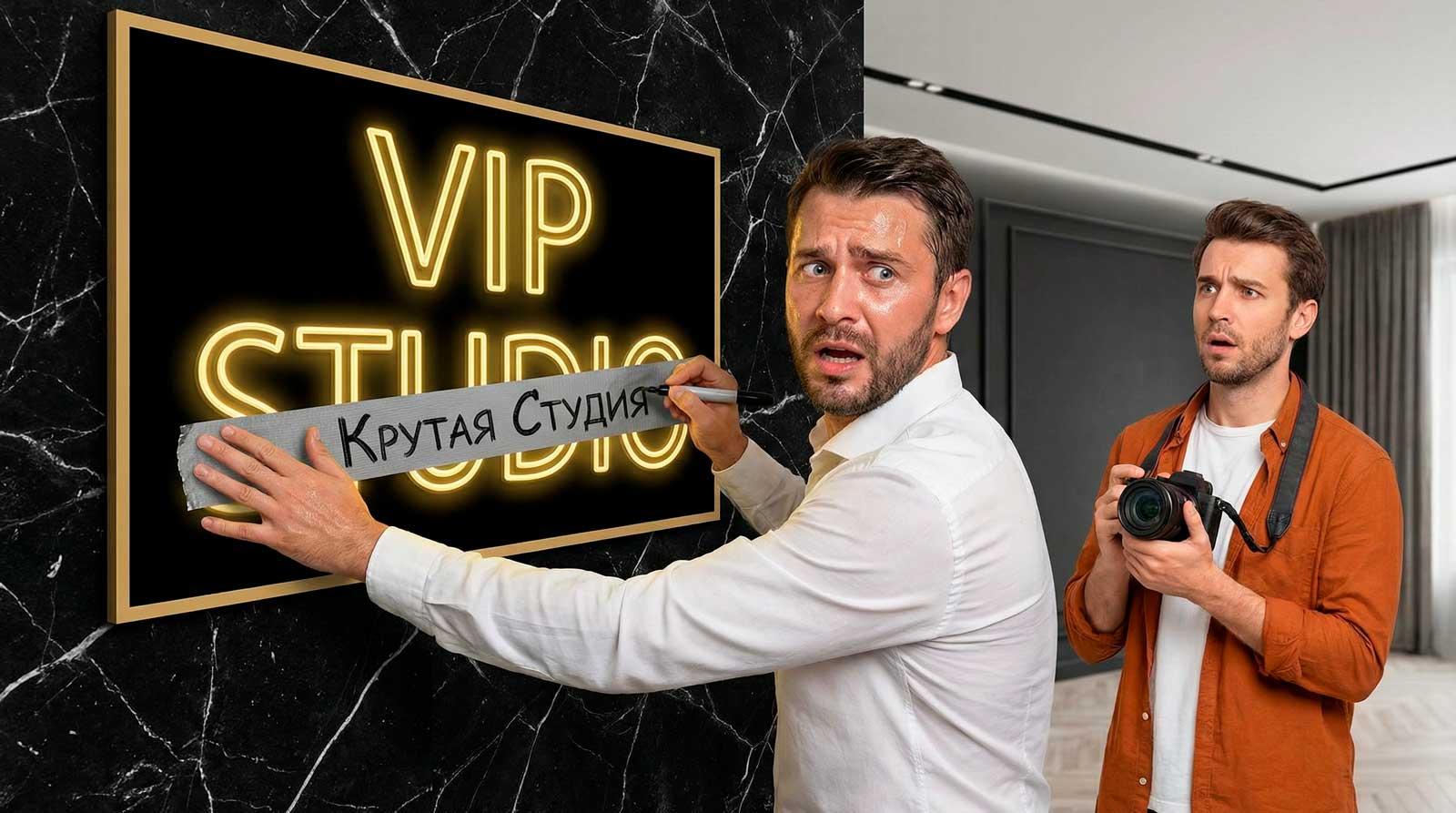 Ироничное фото: владелец фотостудии заклеивает английскую вывеску скотчем из-за закона о русском языке. Профессиональная и легальная Белая Студия.