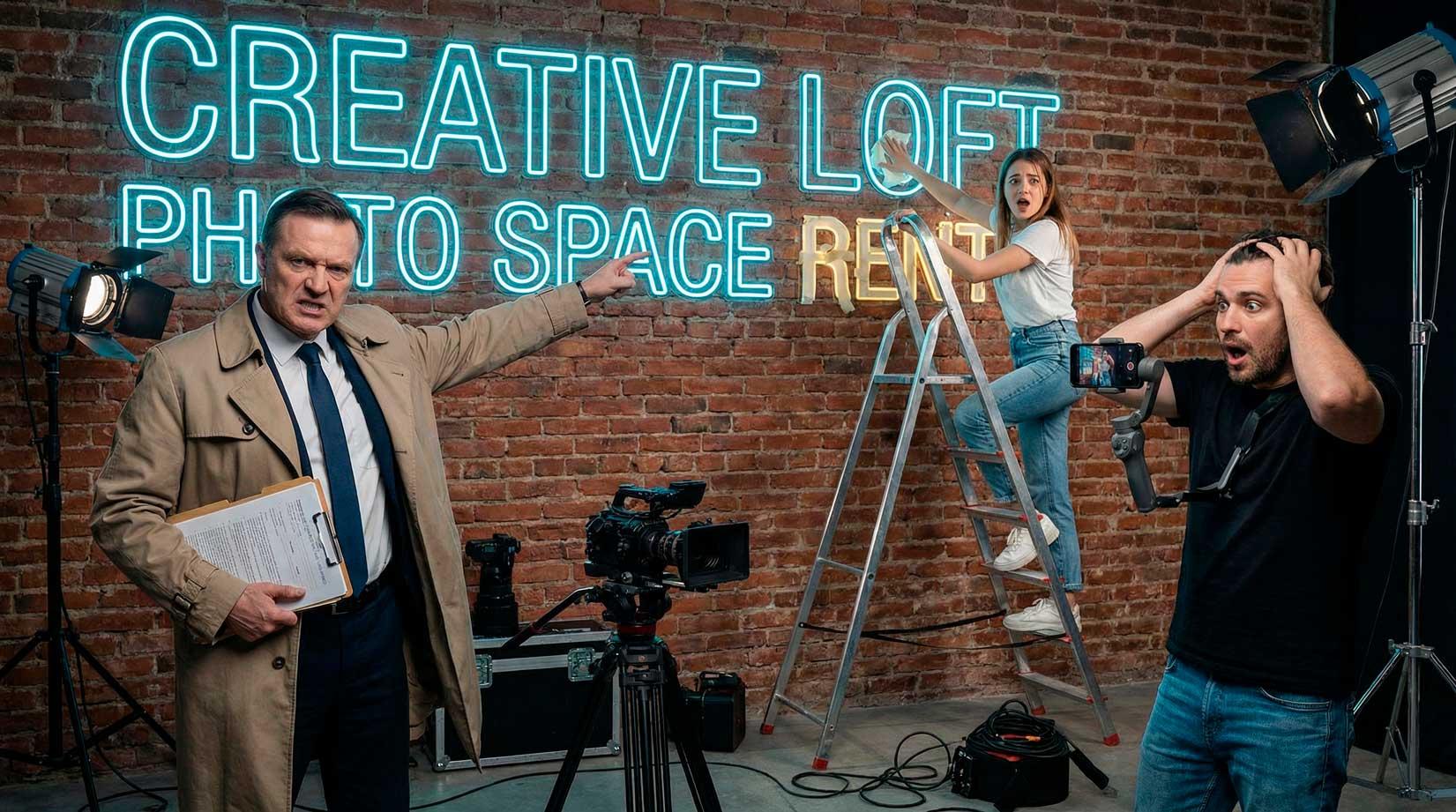 Ироничное изображение: строгая проверка срывает съемку в фотостудии из-за незаконной вывески на английском языке. Преимущества легальной аренды в Белой Студии.