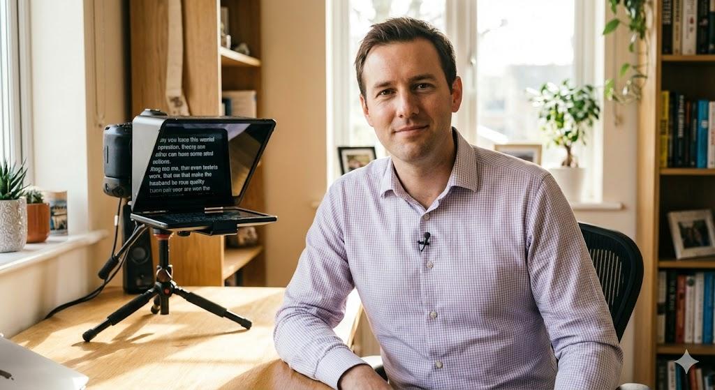 Уверенный спикер записывает речь с телесуфлером