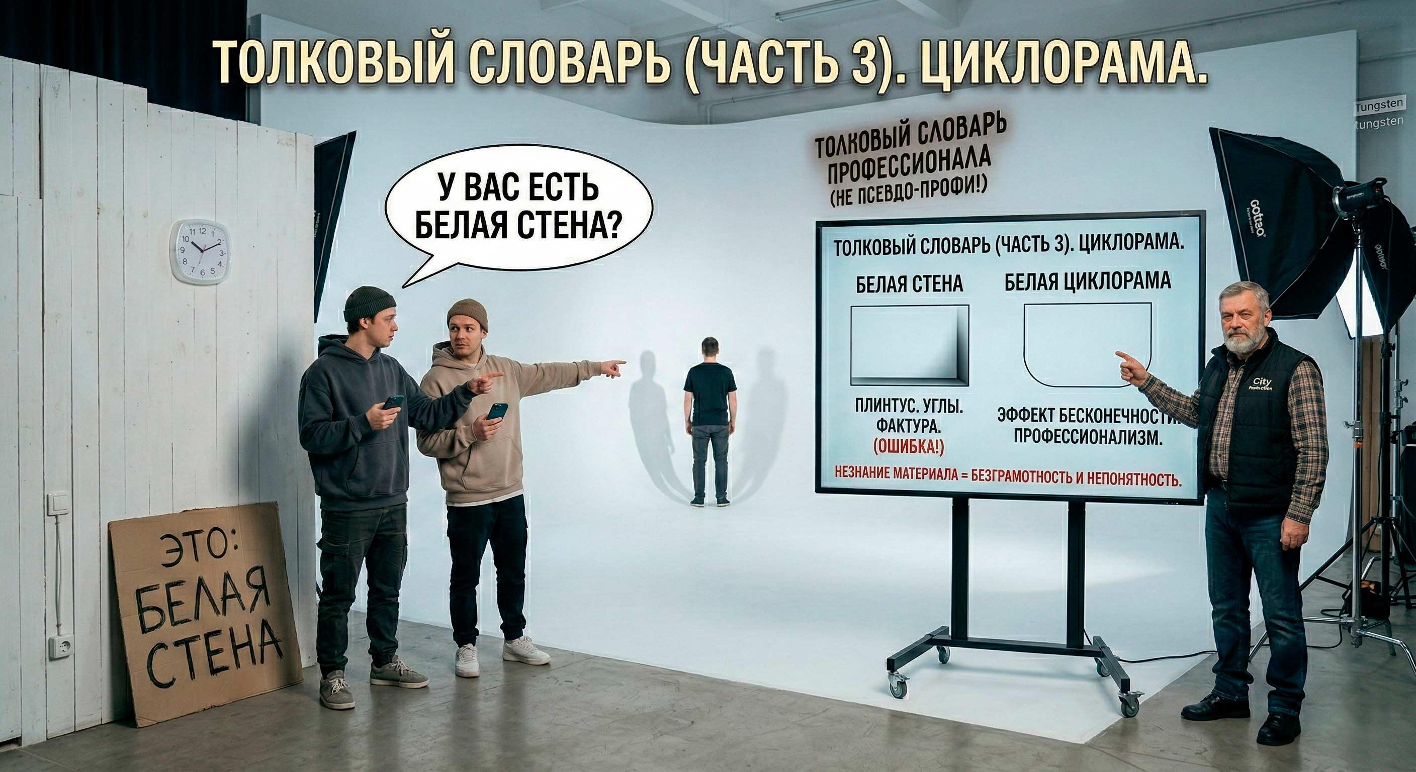 Conceptual-фото в Белой Студии, иллюстрирующее разницу между белой стеной с плинтусом и профессиональной циклорамой. Голографические бирки: ЭТО: БЕЛАЯ СТЕНА (ПЛИНТУС!) и НЕЗНАНИЕ МАТЕРИАЛА = БЕЗГРАМОТНОСТЬ И НЕПОНЯТНОСТЬ. Администратор студии вдали смотрит на это с иронией