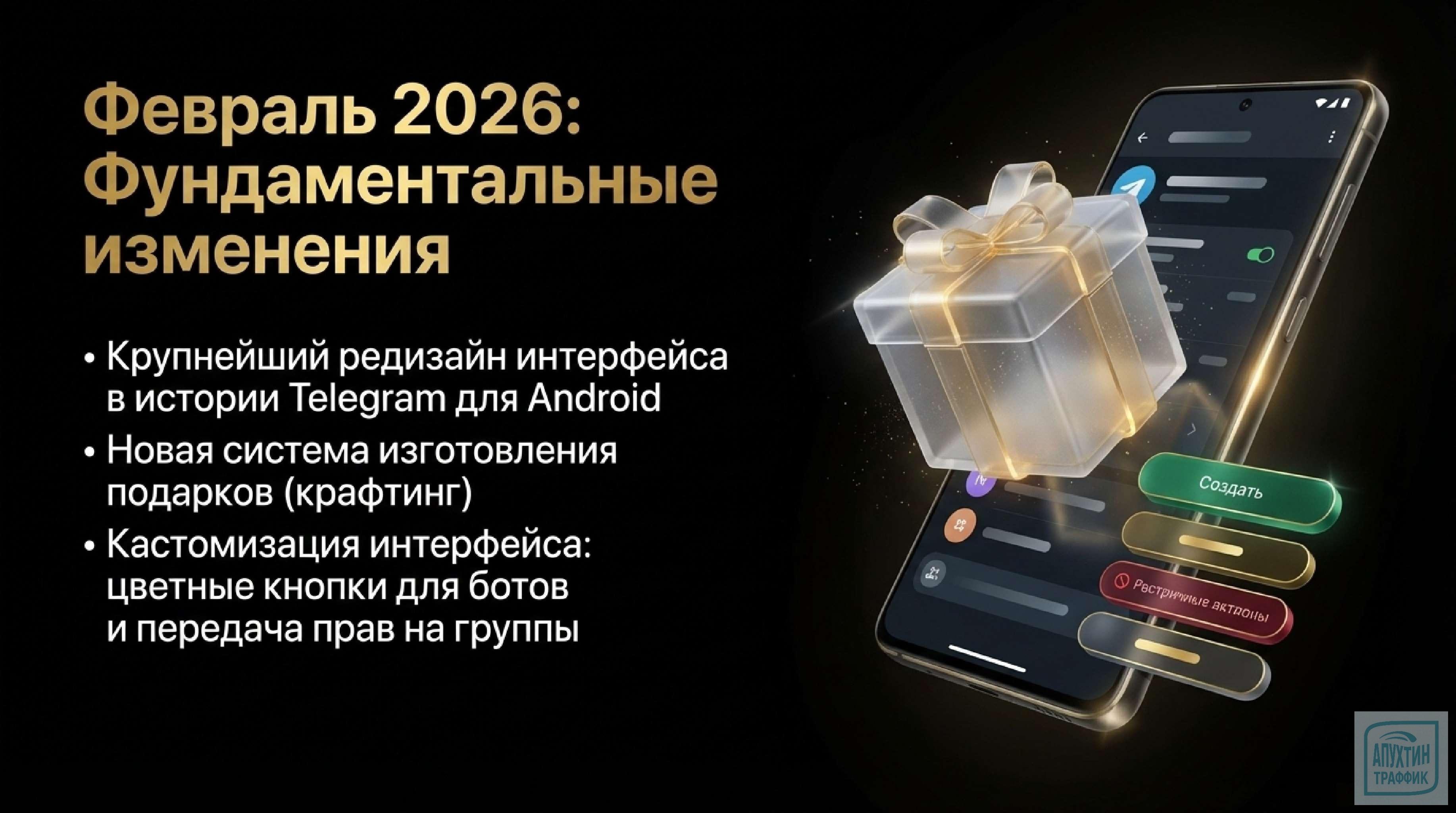       Февраль 2026:      Редизайн Android: интерфейс стал чище, иконки — интуитивно понятнее.    Передача прав на группы: можно назначить нового администратора без лишних телодвижений.    Подарки и цветные кнопки для ботов: добавьте яркости в общение с автоматическими помощниками!