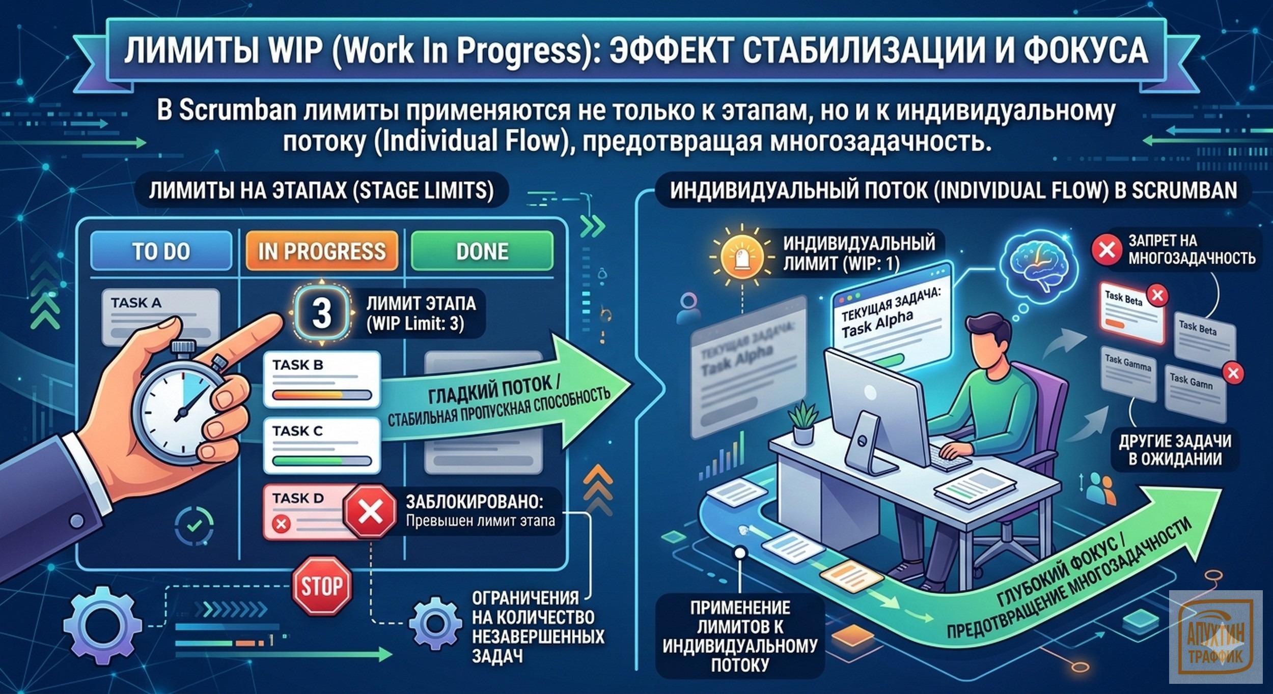 От теории к практике Scrumban: уровни Shu‑Ha‑Ri, метрики эффективности и реальные кейсы внедрения.