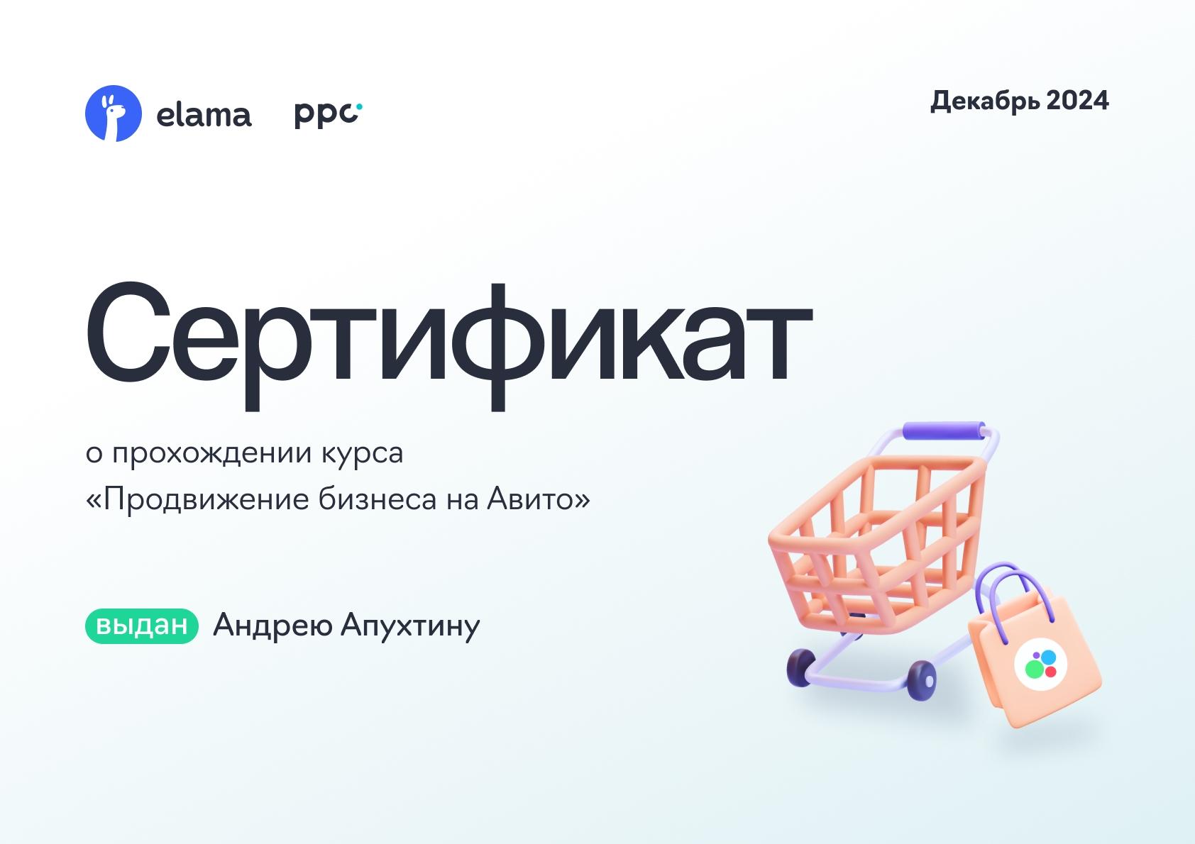 Сертификат о прохождении курса Продвижение бизнеса на Авито 2024