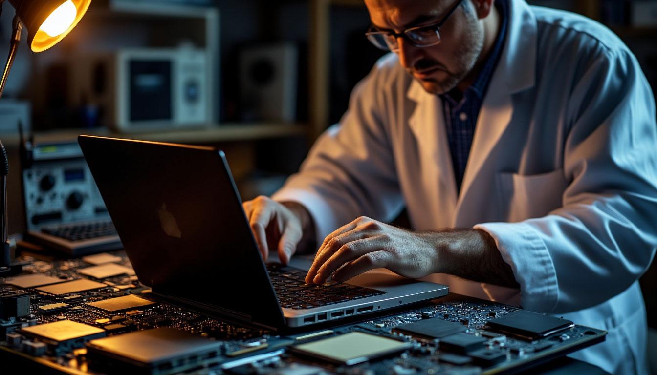 мастер проводит чистку ноутбука от пыли и грязи