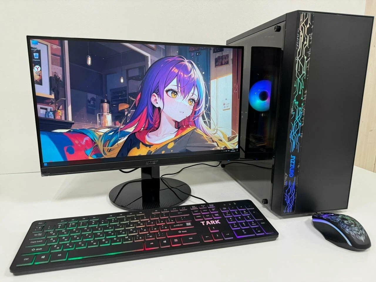 Готовая сборка игрового компьютера за 50000 рублей в корпусе с подсветкой, подключенная к монитору