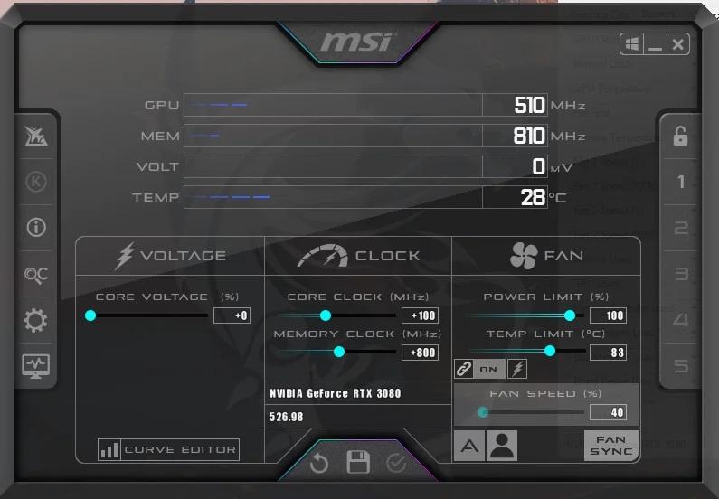 Настройка разгона видеокарты RTX 3080 в программе MSI Afterburner