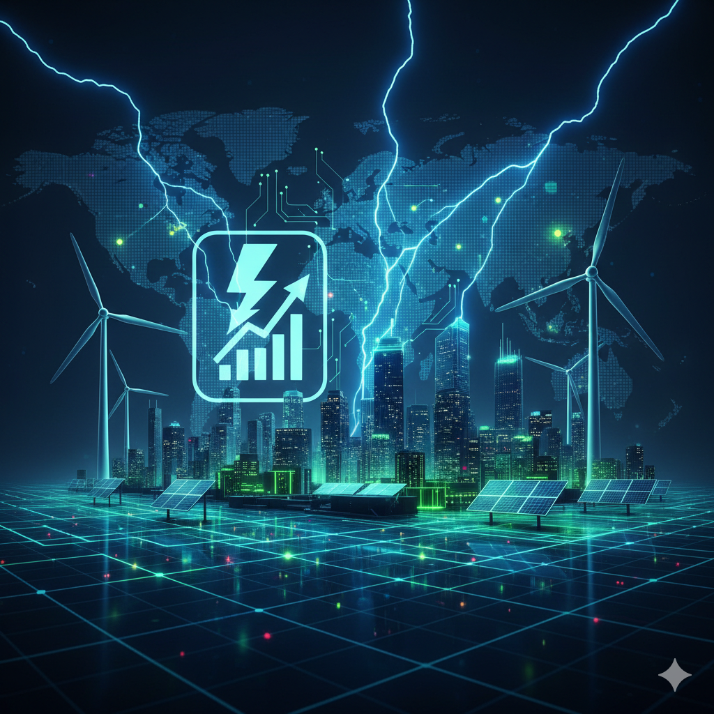 Схематичное изображение когенерационной установки и промышленных аккумуляторов на фоне ночного города в неоновом стиле