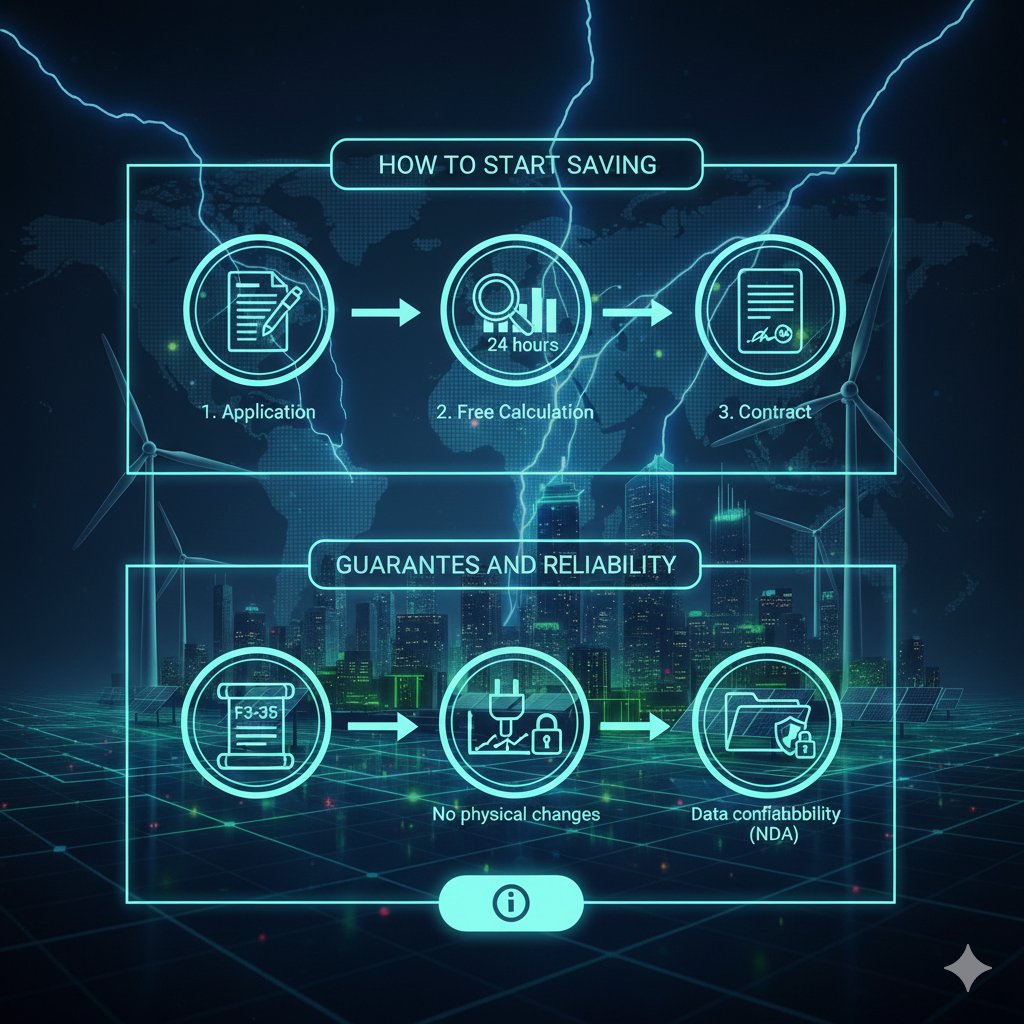 Этапы работы по снижению тарифов: подача заявки, бесплатный расчет экономии за 24 часа и подписание договора в рамках ФЗ-35