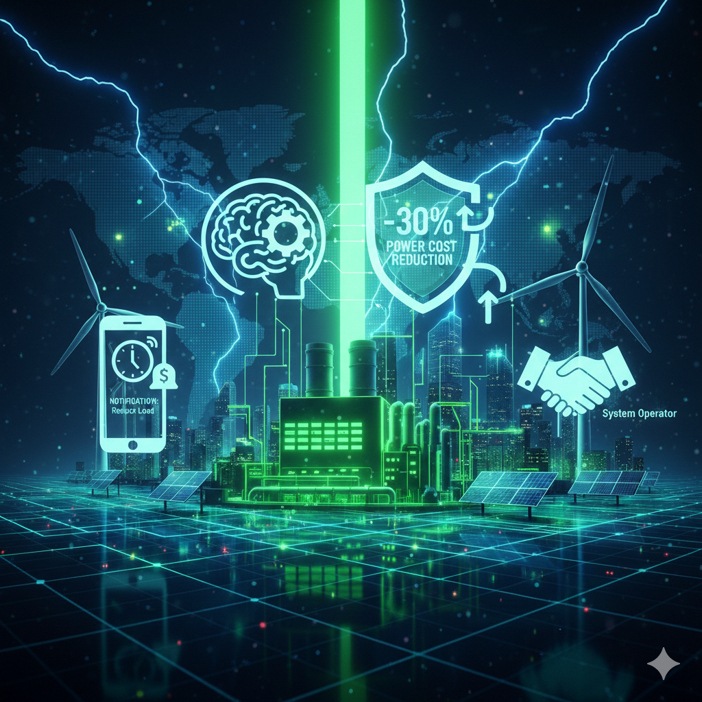 Цифровая визуализация промышленного предприятия с графиком экономии 75-80 процентов и символом прямого подключения к оптовому рынку электроэнергии