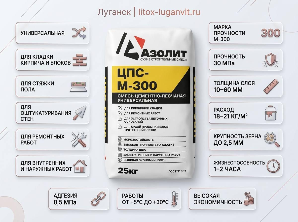 Упаковка Азолит ЦПС М-300 пескобетон, мешок 25 кг
