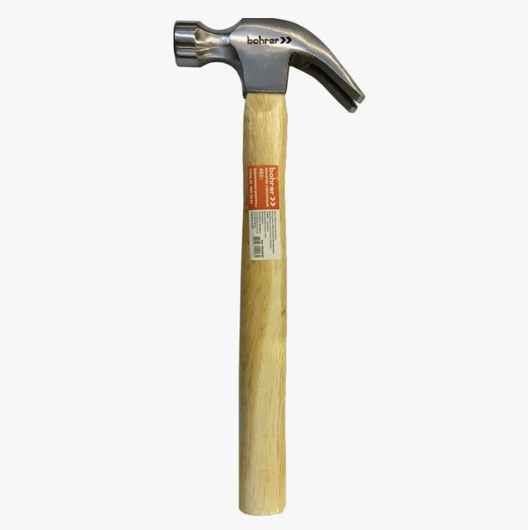 Молоток-гвоздодёр Bohrer 450 г, деревянная рукоятка, круглый боек, сталь 45 HRC 50-58
