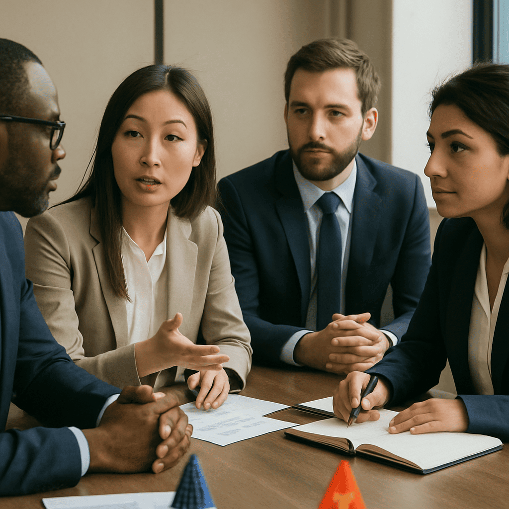 A diverse team discussing at an international business meeting