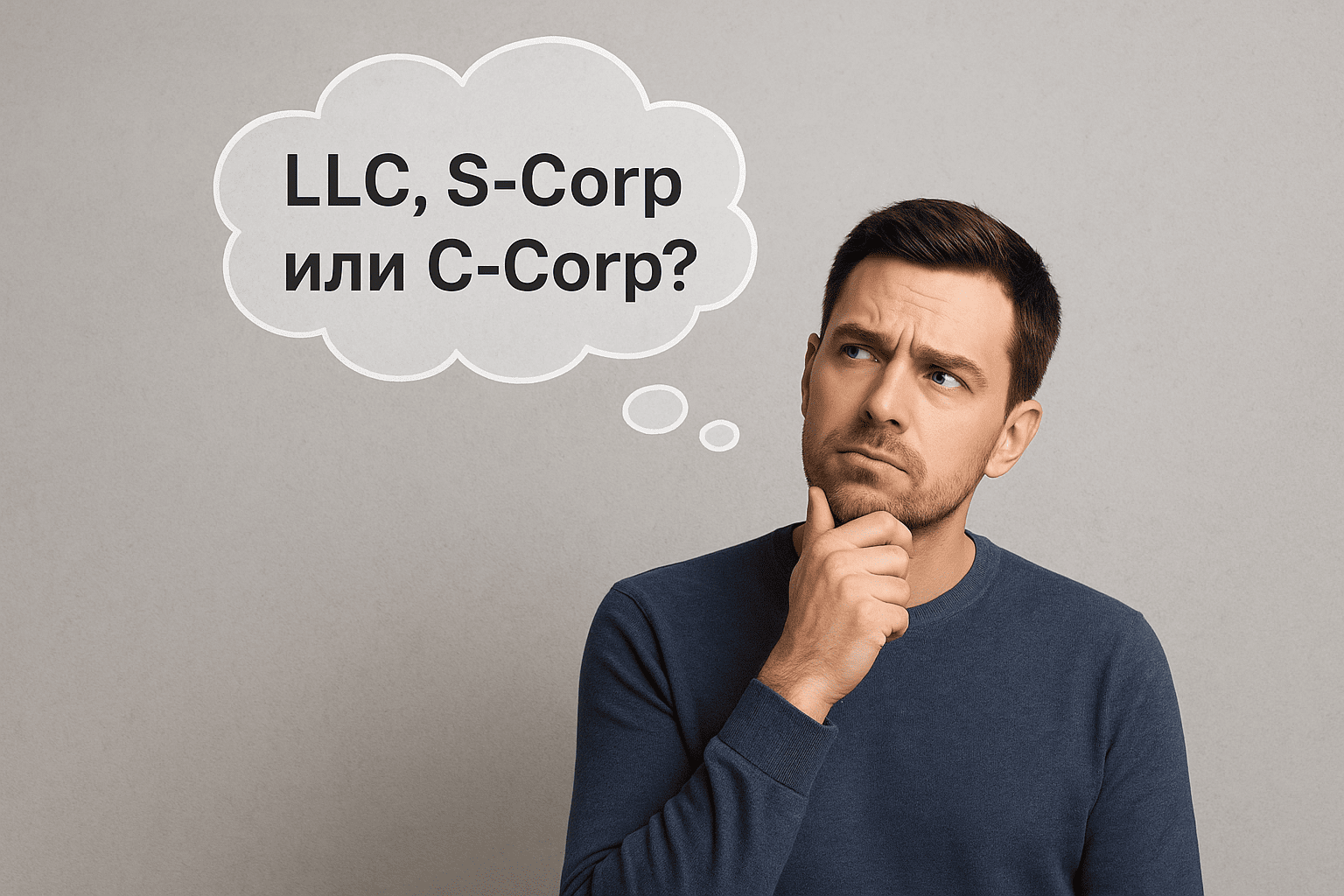 иллюстрация: мужчина обдумывает какую форму бизнеса в США ему выбрать LLC, S-Corp или C-Corp