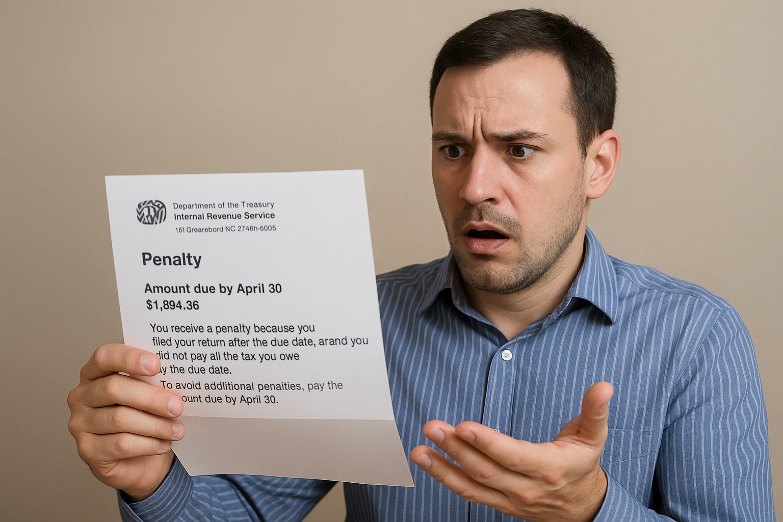 Man surprised while opening an IRS penalty letter at home.