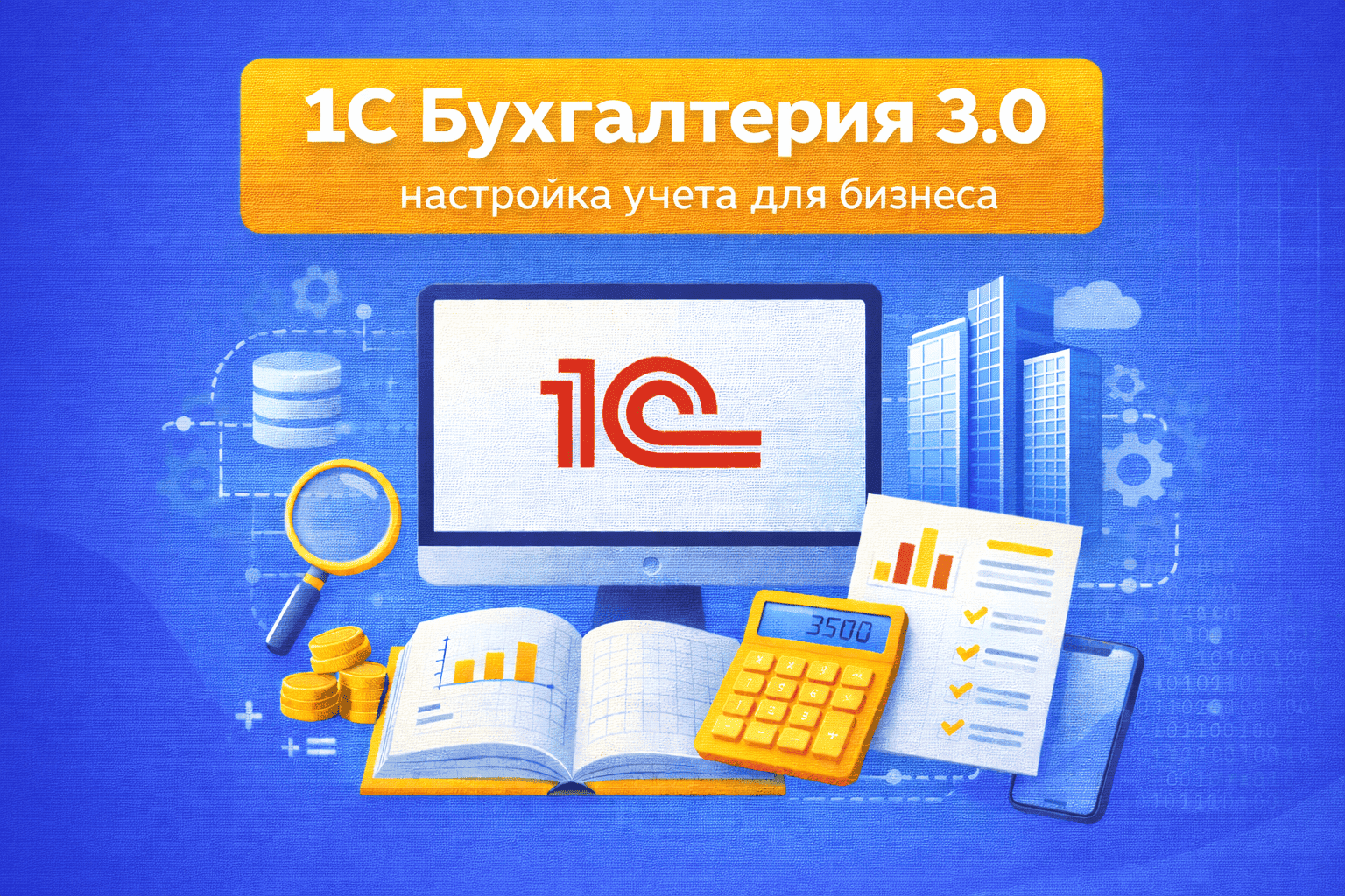 Обложка услуги 1С Бухгалтерия 3.0 — настройка бухгалтерского учета для бизнеса, автоматизация финансового учета и отчетности в системе 1С для компаний малого и среднего бизнеса