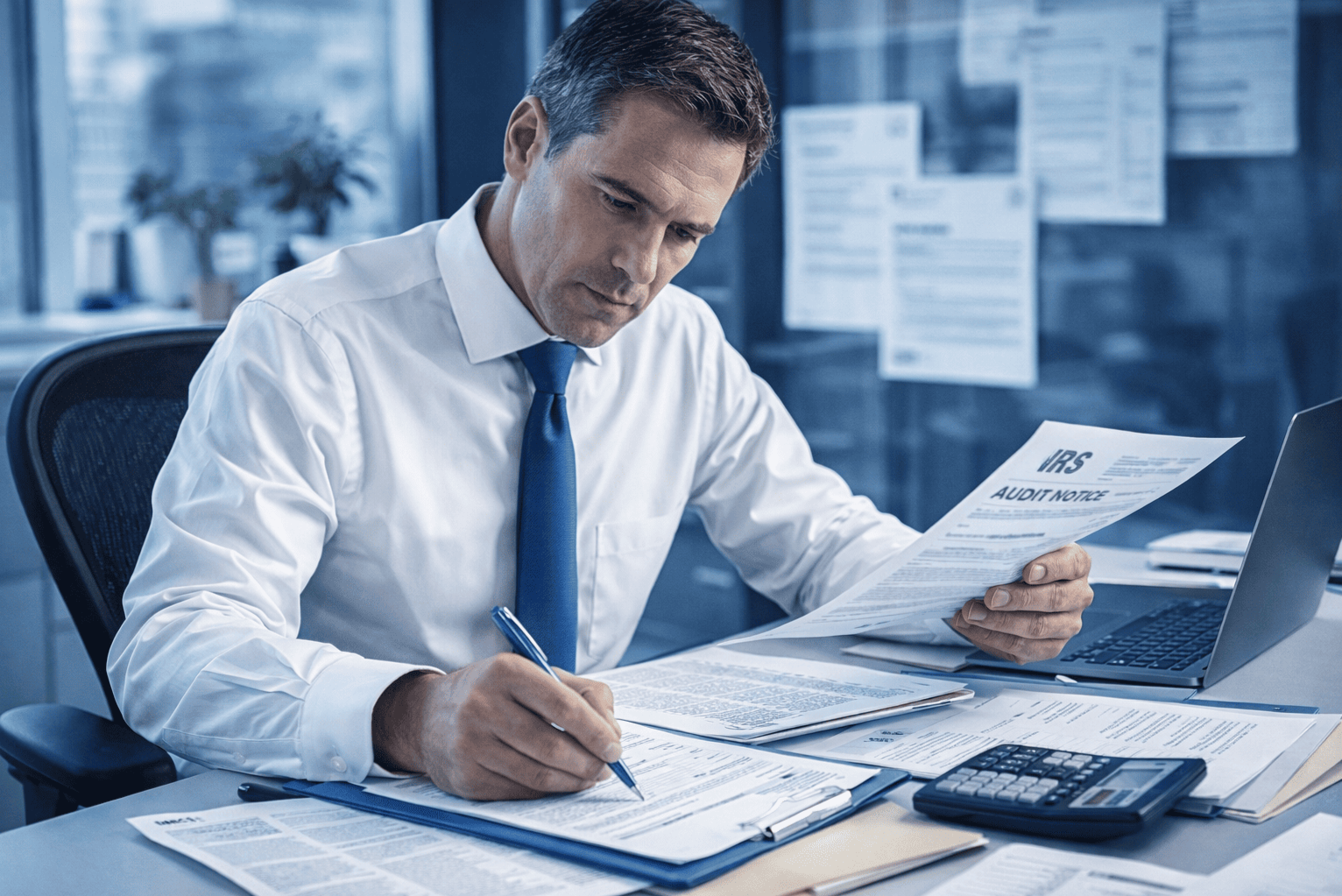 Professional tax accountant reviewing IRS audit documents at modern office desk