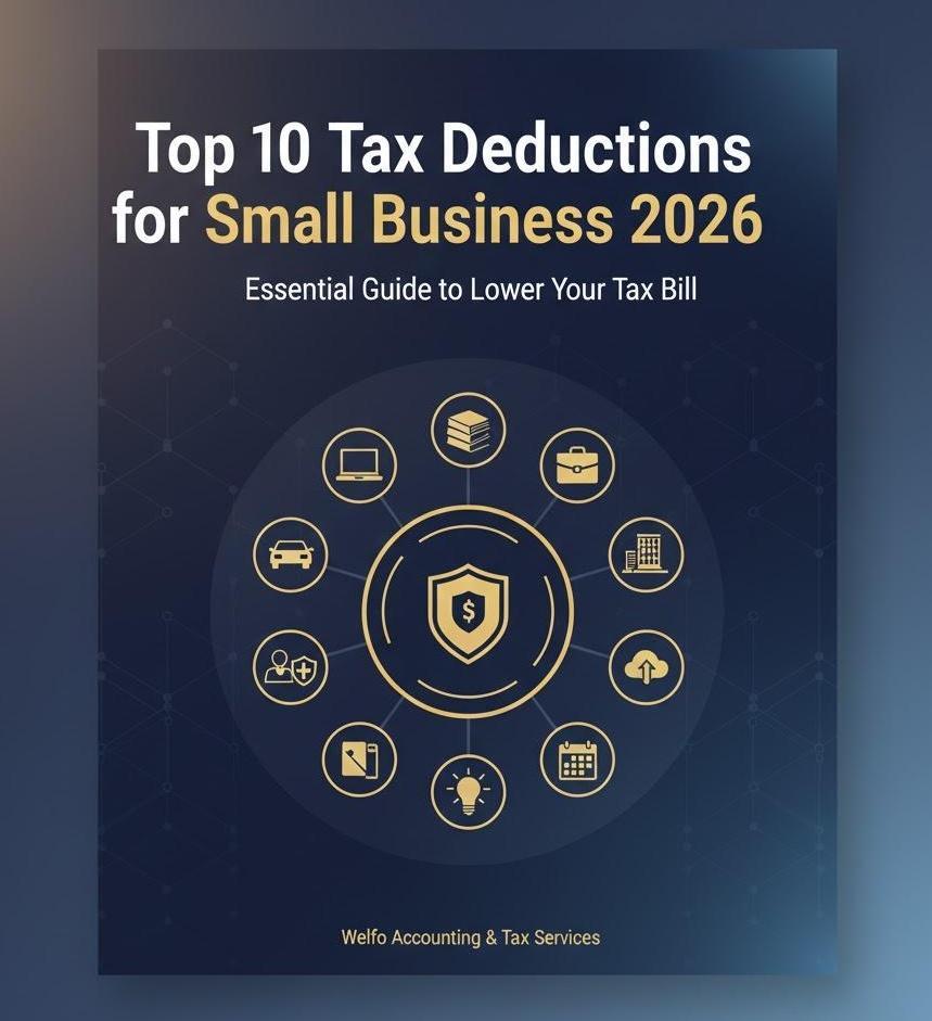 Top 10 tax deductions for small business 2026: A professional workspace with financial charts, a calculator, and business documents in Welfo blue and gold corporate colors.