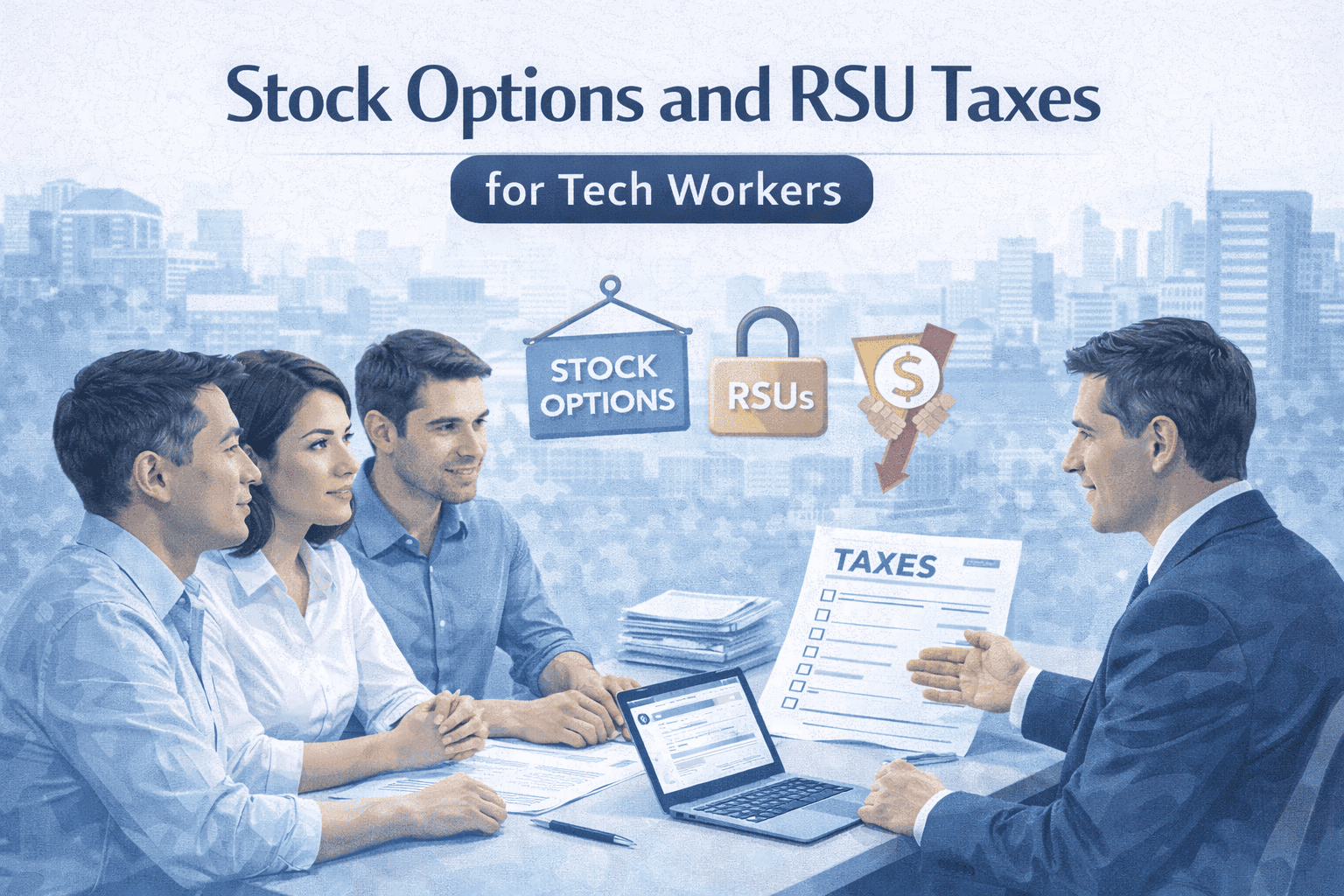 Stock Options and RSU tax consultation for tech workers, CPA explaining equity compensation taxation, stock options and RSU income reporting, US tax planning for technology professionals, modern office setting with financial documents and laptop.