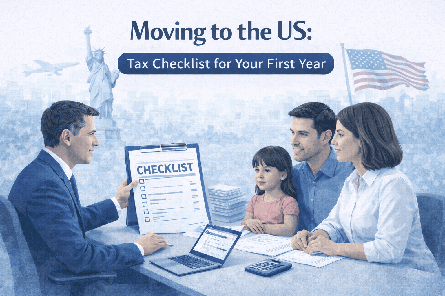 Family of three meeting with an advisor to review their first-year moving checklist in the U.S., with the Statue of Liberty and American flag in the background, symbolizing relocation and new beginnings.