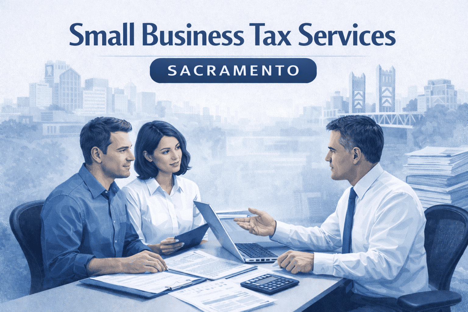 Professional CPA consulting small business owners in Sacramento and Roseville, California, providing expert tax planning and accounting services in a modern office setting.