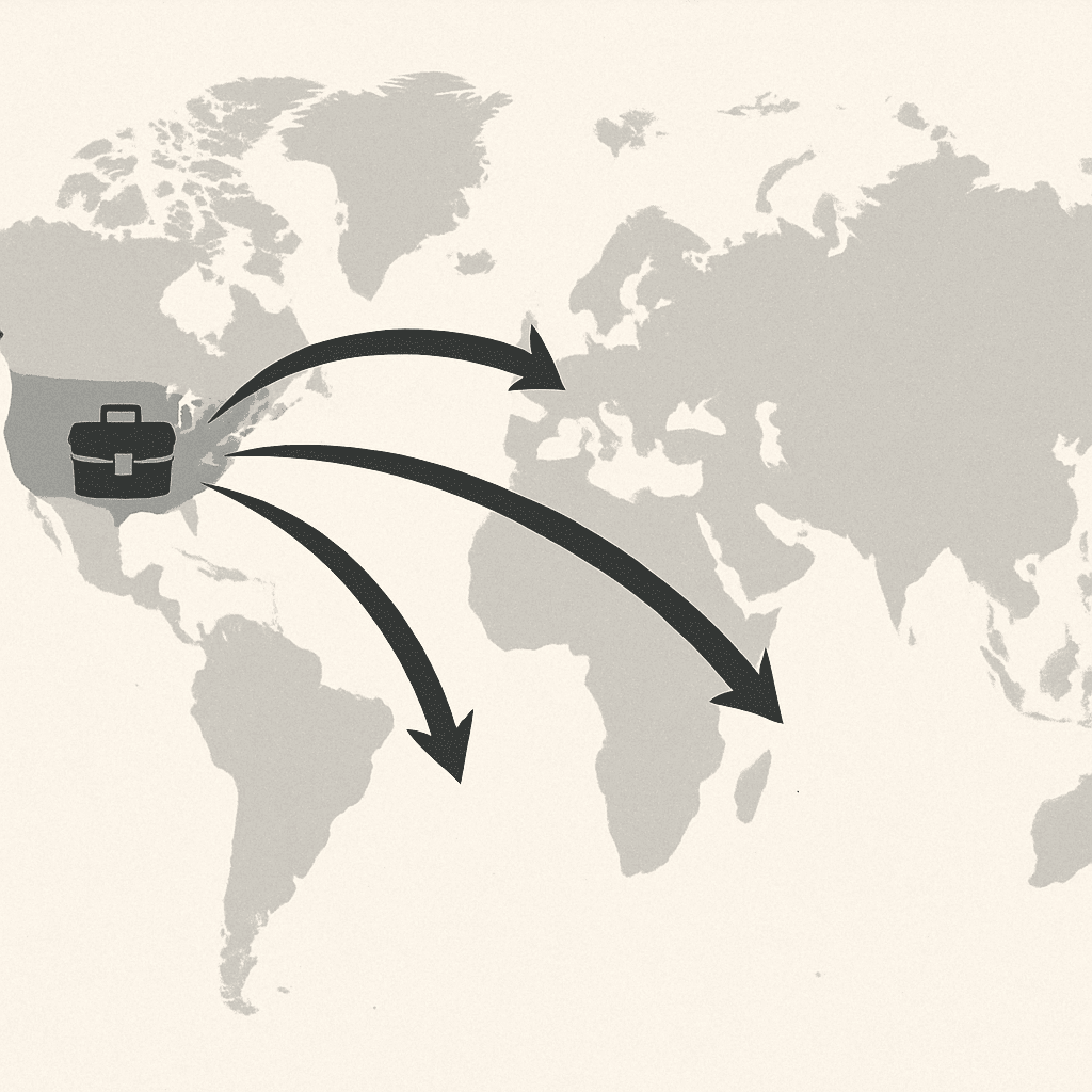 A global map with arrows showing business expansion from the US to different continents