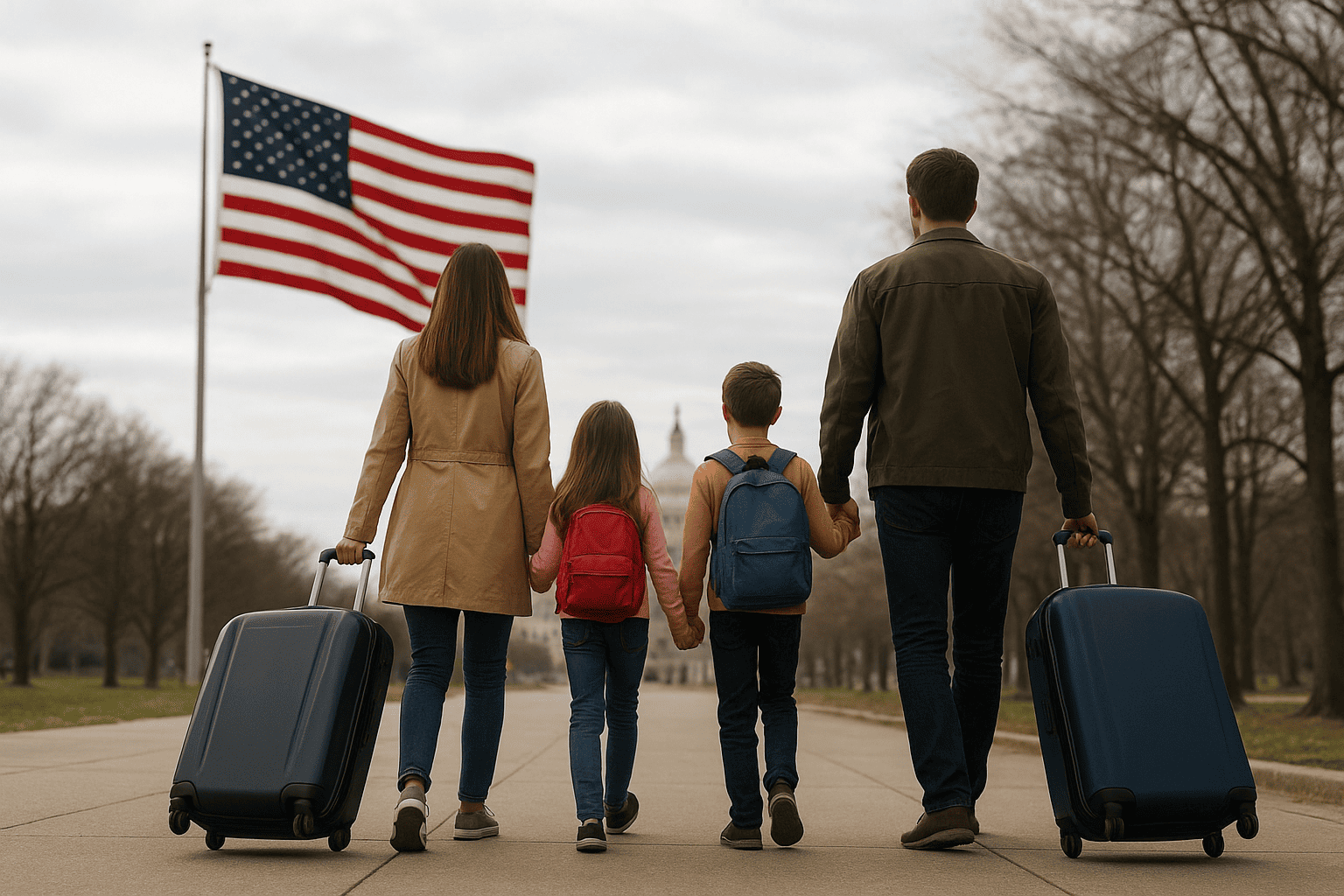 A family is depicted leaving the United States with suitcases.