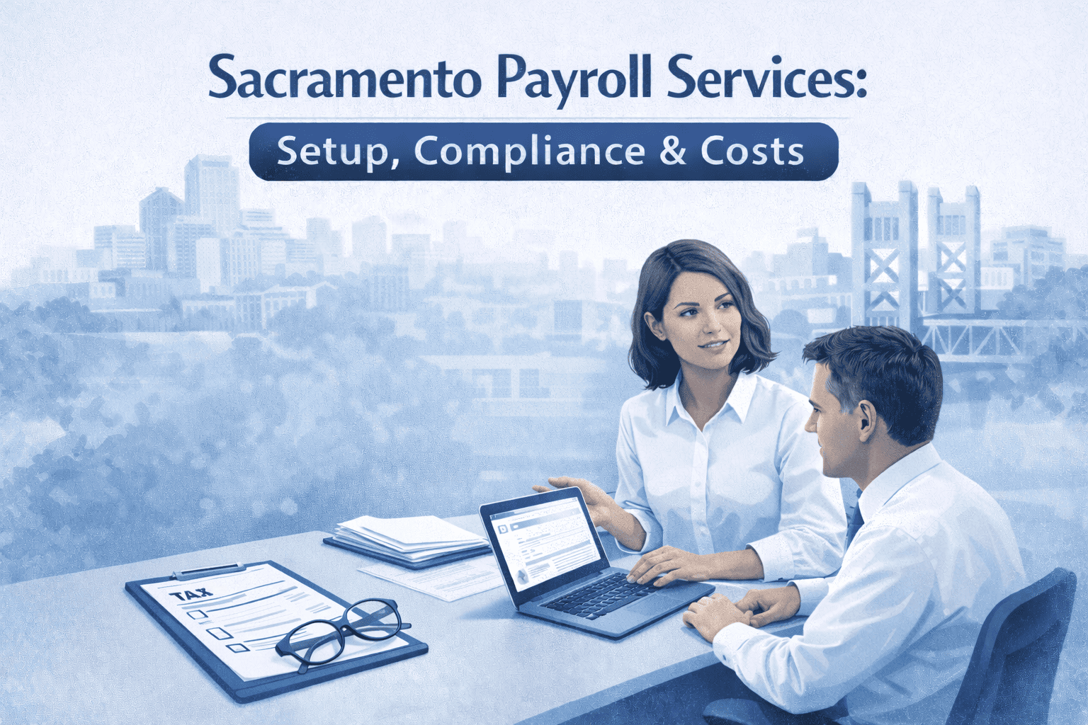 CPA payroll specialist consulting a small business owner in Sacramento, California, discussing payroll setup, compliance, and cost management in a modern office setting.