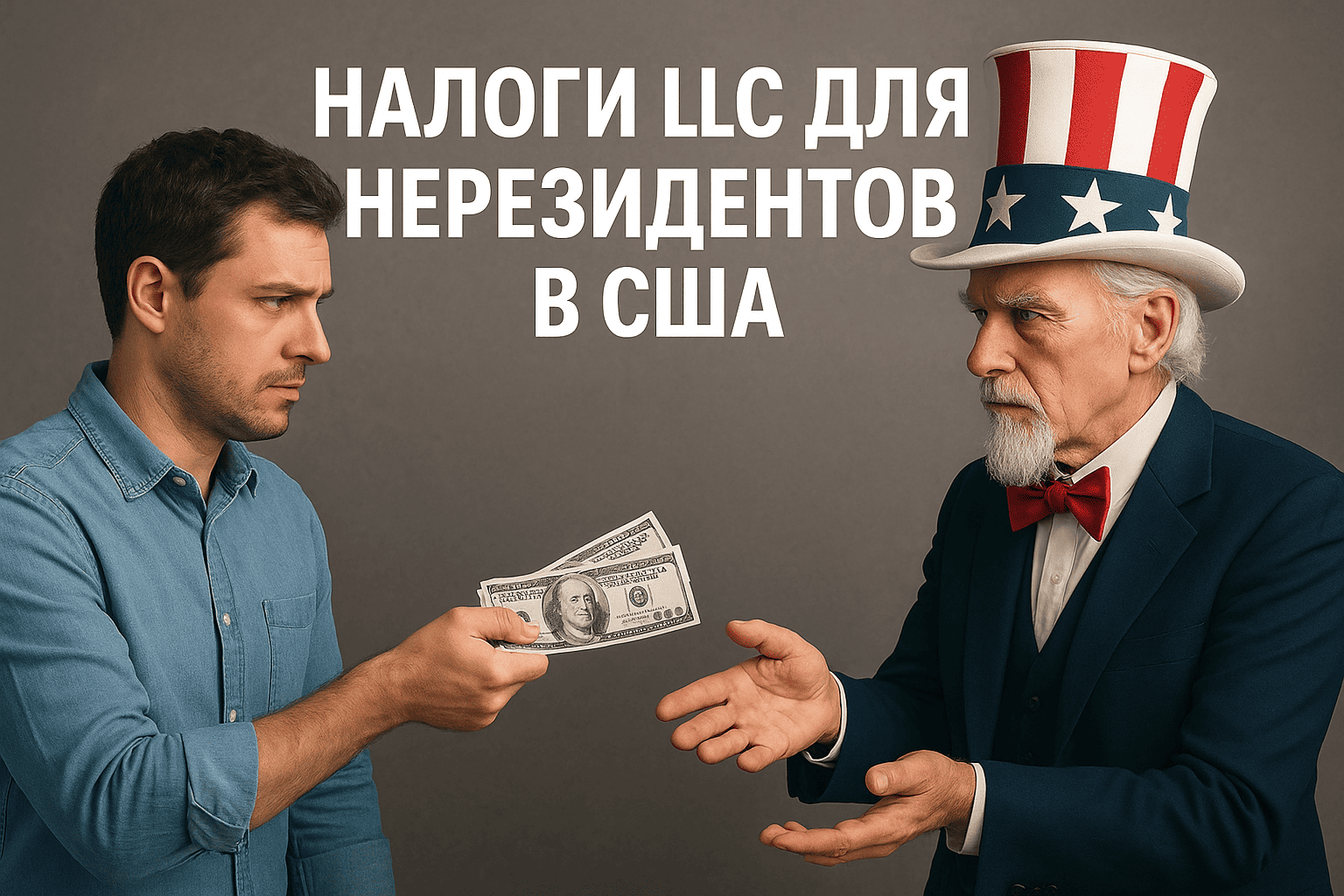 Мужчина передает деньги дяде Сэму, символизируя налоги LLC для нерезидентов в США