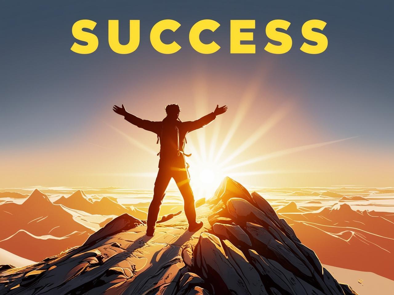 A person standing on a mountain peak with arms raised, greeting the sunrise, symbolizing success, overcoming challenges, and new beginnings in business and life.