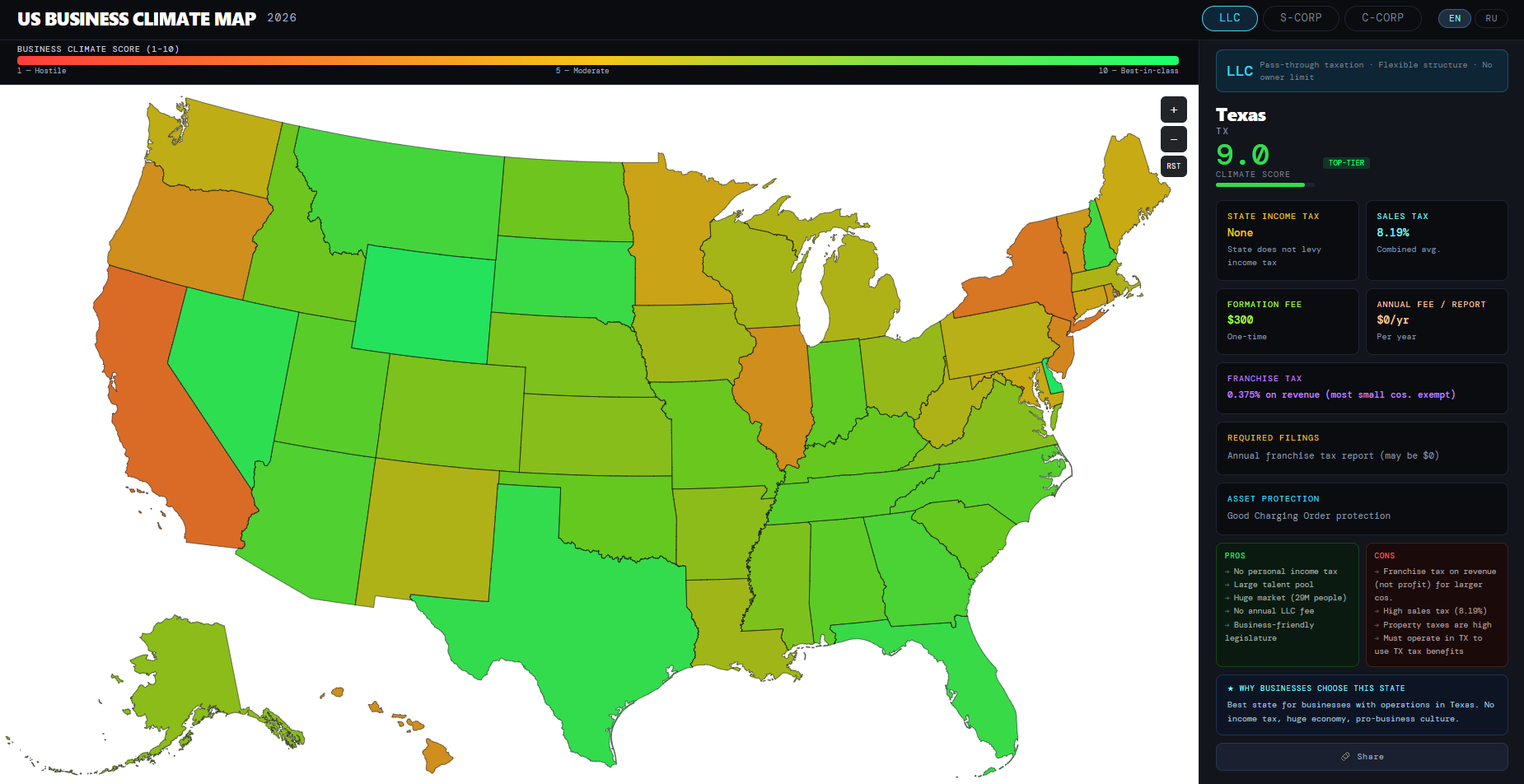 Interactive Business Climate Map of the United States showing best states to open an LLC, S-Corp, or C-Corp
