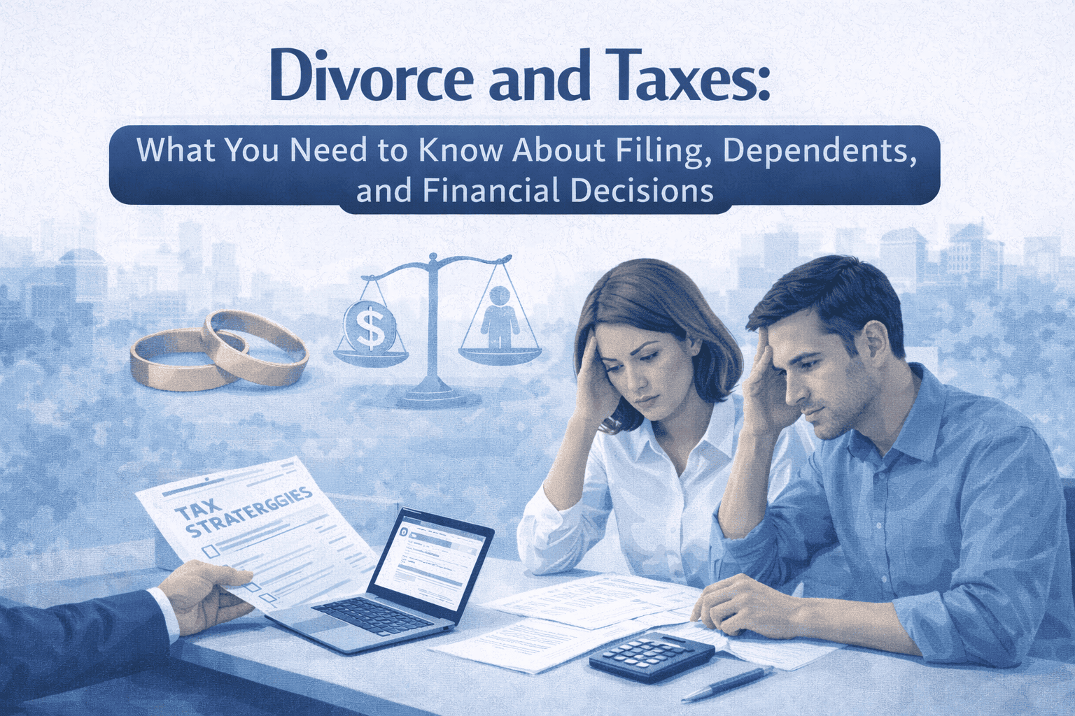Divorcing couple reviewing tax documents with a financial advisor, discussing tax filing status, dependents, and financial decisions during divorce.
